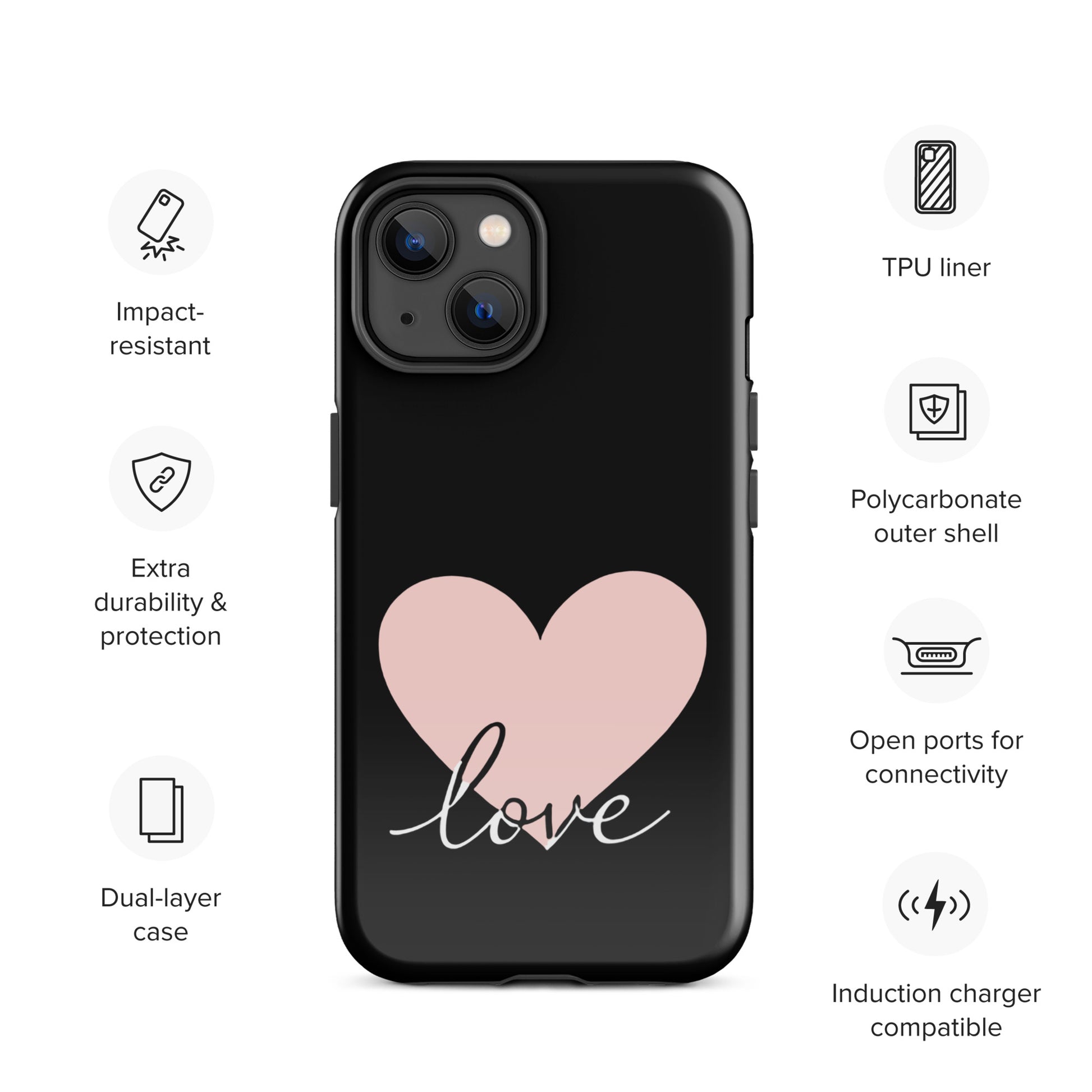 Phone Case for iPhone with heart and script love design, featuring impact-resistant and dual-layer protection.