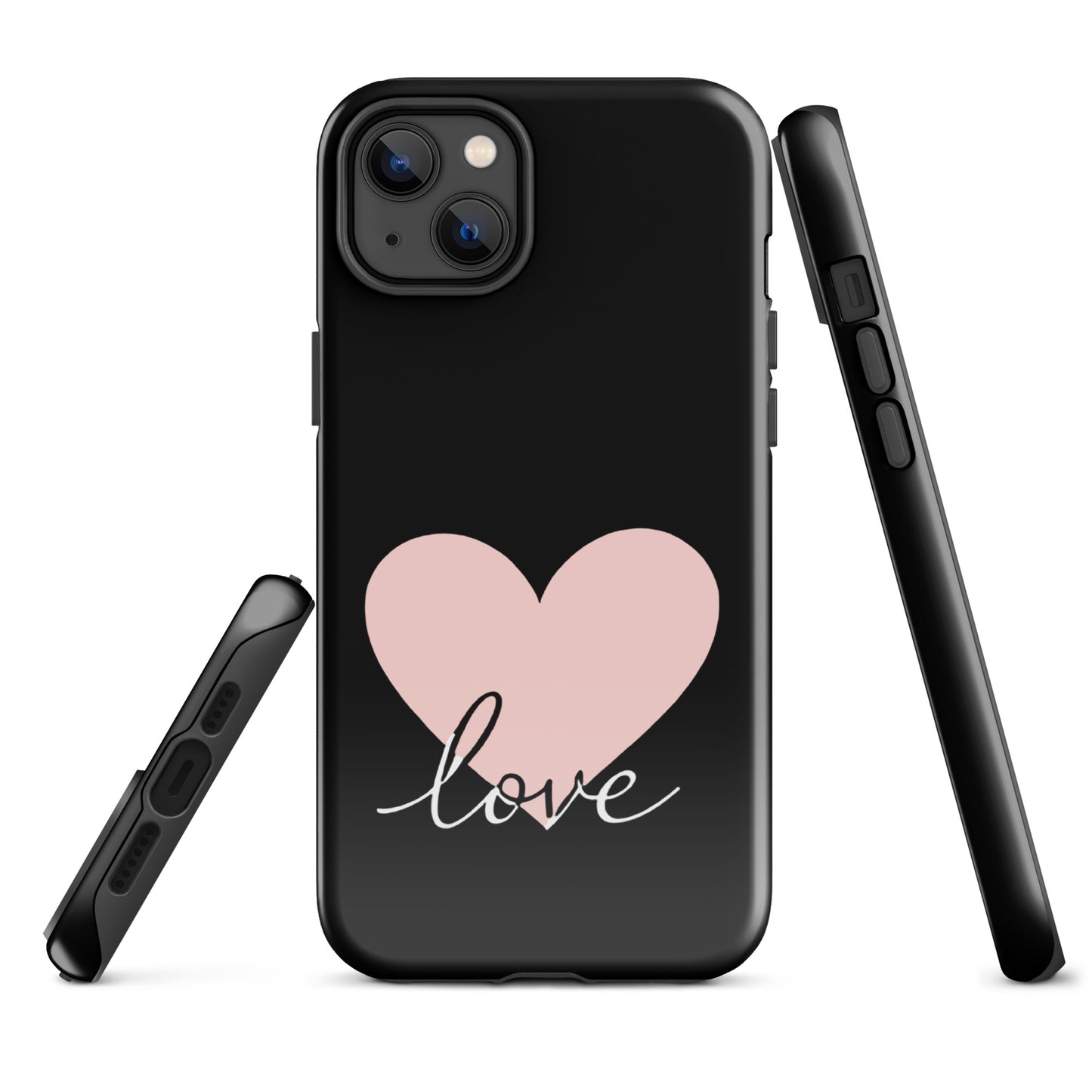 Phone Case for iPhone with heart and script love design, minimalist charm, romantic twist, black case with pink heart and love text