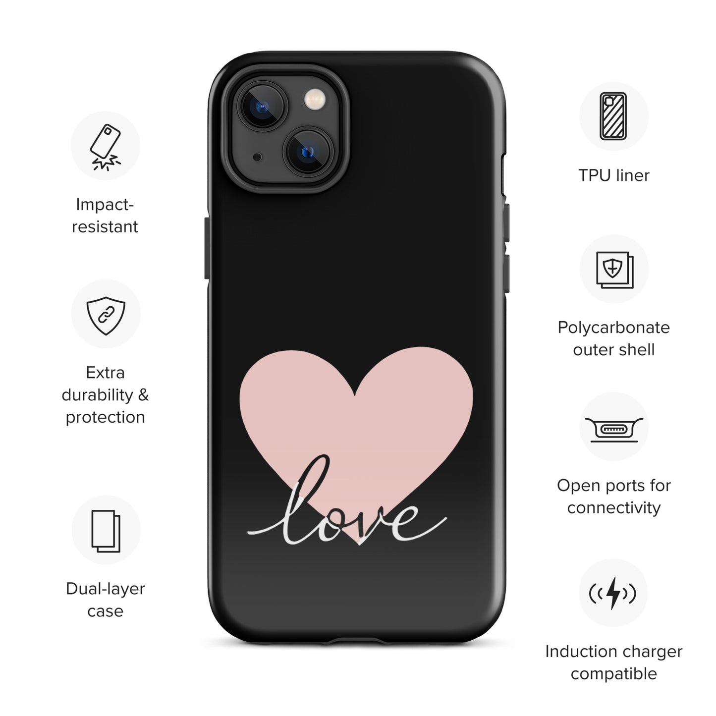 Phone Case for iPhone with heart and script love design, featuring impact-resistant polycarbonate shell and dual-layer protection.