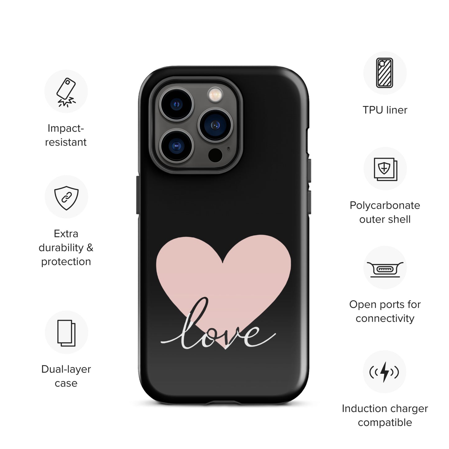 Phone Case for iPhone featuring heart and script love design, emphasizing protection and style with impact-resistant and dual-layer features.