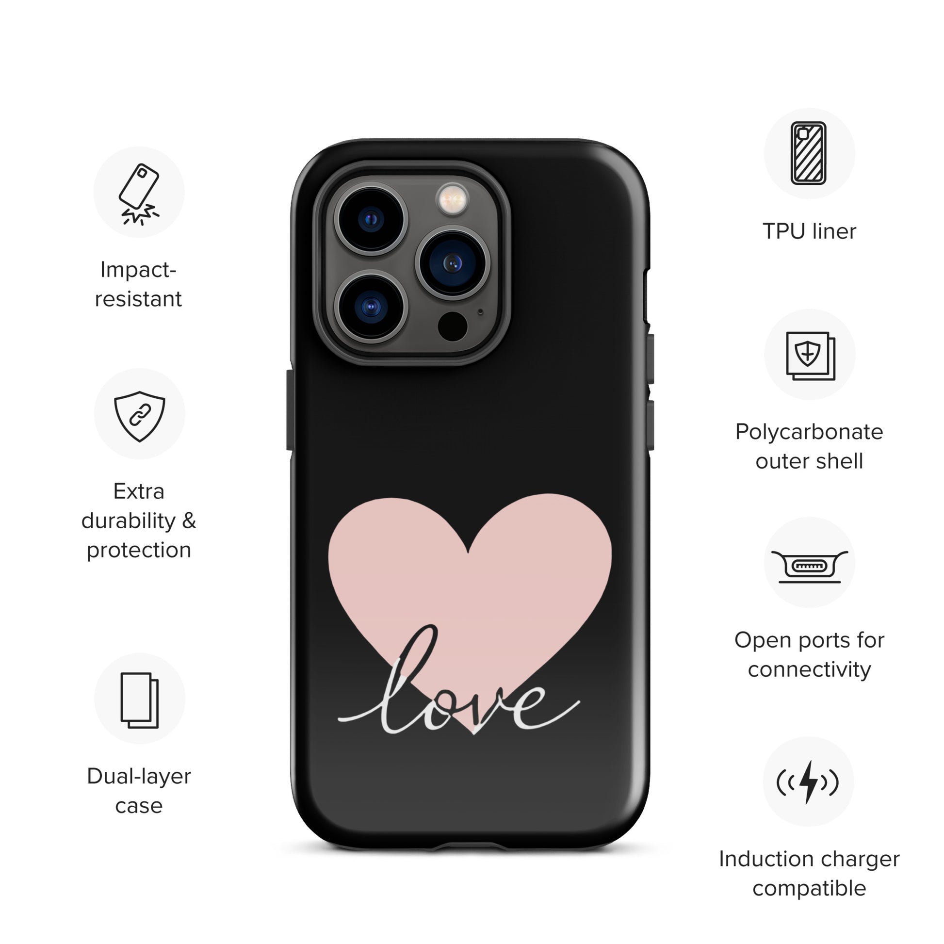Phone Case for iPhone featuring heart and script love design, emphasizing protection and style with impact-resistant and dual-layer features.