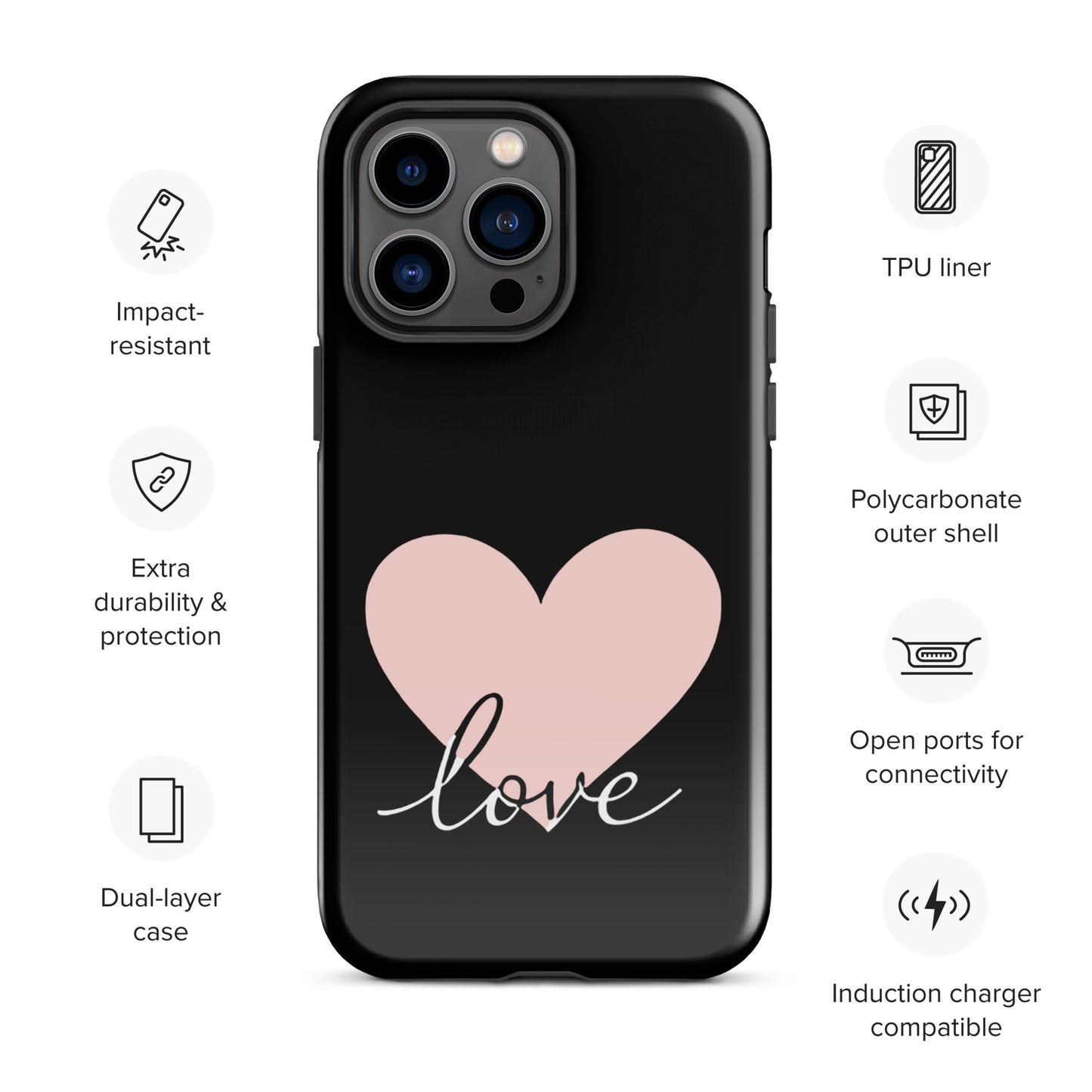 Phone Case for iPhone with heart and love script design, featuring impact-resistant TPU liner and polycarbonate outer shell.