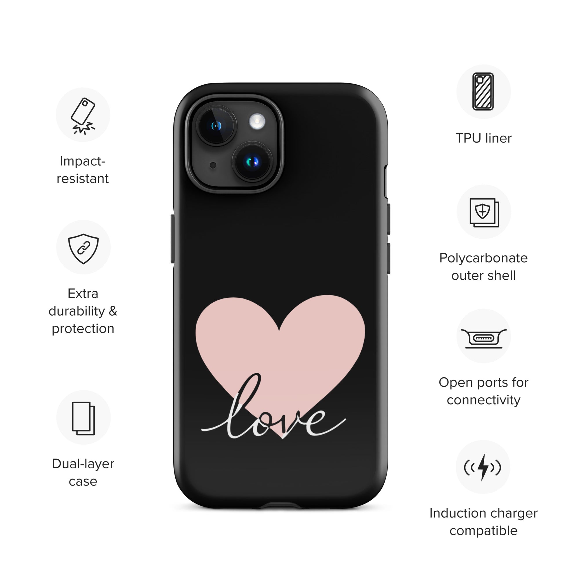 Phone Case for iPhone with Heart & Script Love Design, impact-resistant, dual-layer protection, polycarbonate shell, TPU liner.