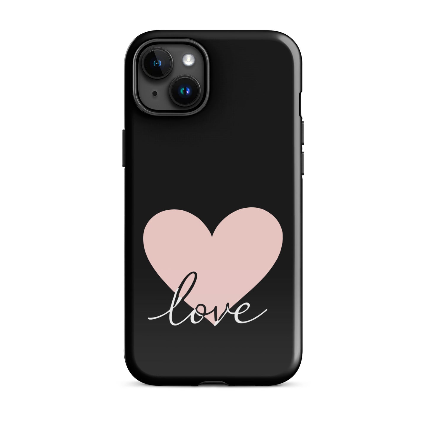 Phone Case for iPhone with heart and script love design, minimalist black case with pink heart and love script, stylish protection.