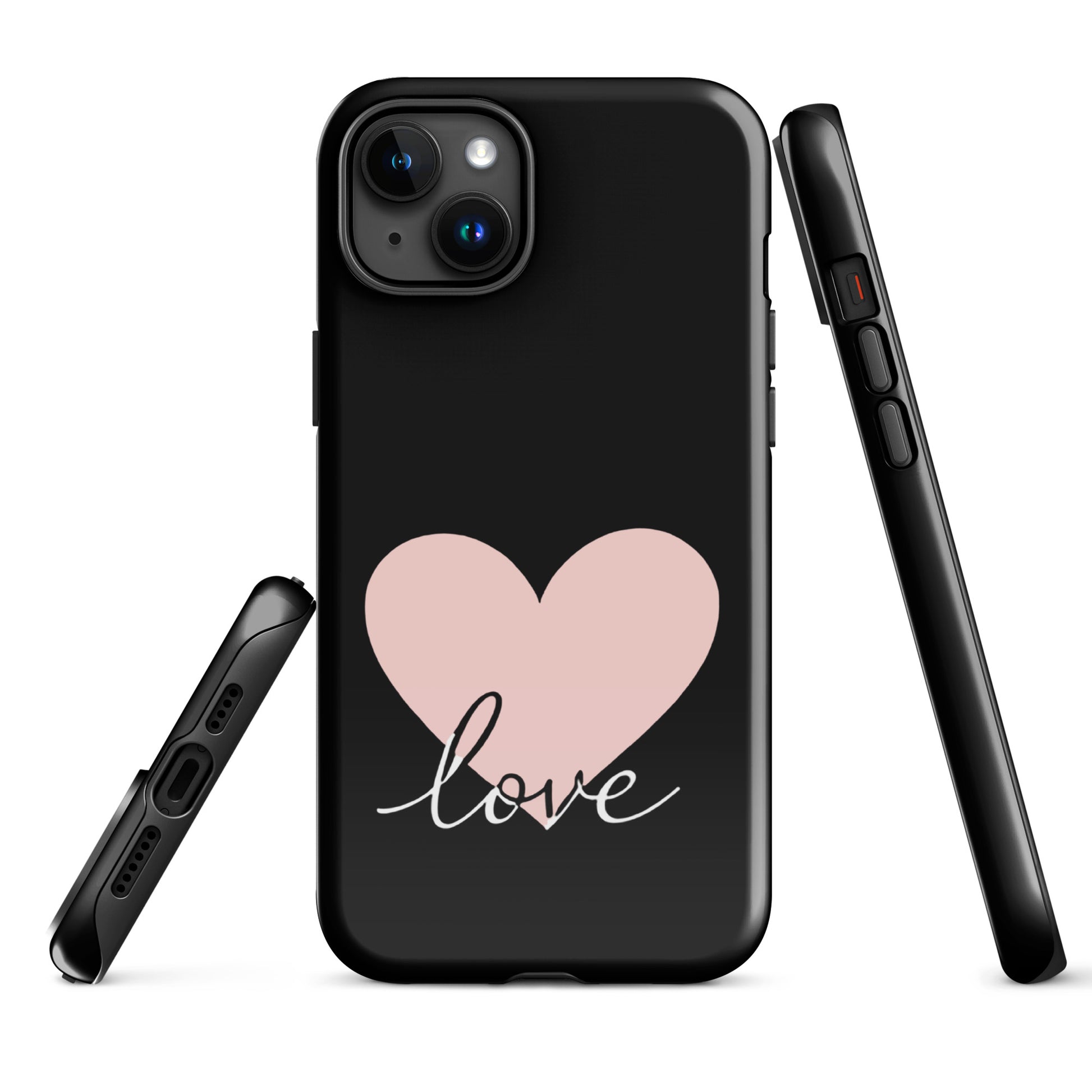 Phone Case for iPhone with heart and script love design, featuring a minimalist look with soft pink heart and flowing script.