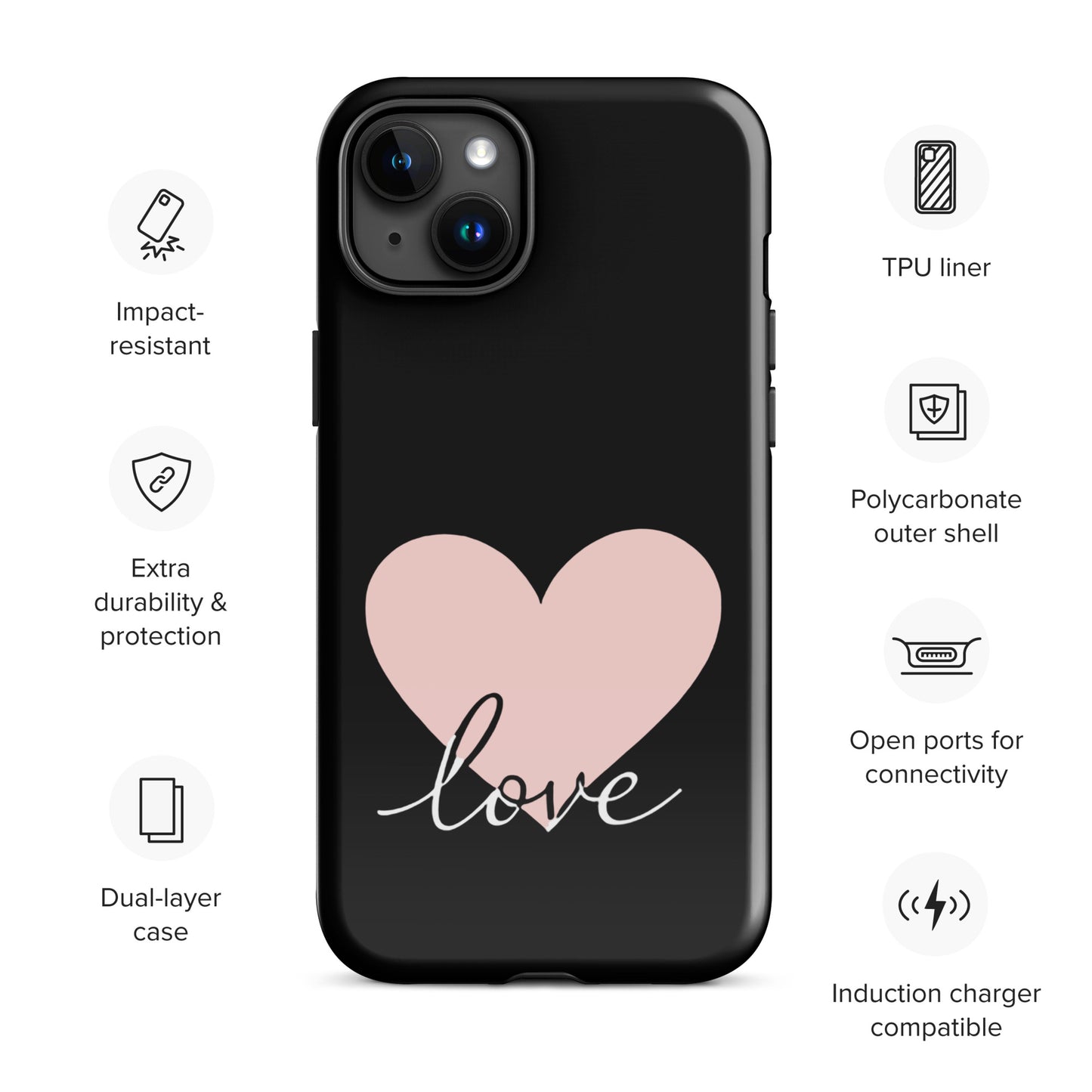 Phone Case for iPhone with heart and "love" script design, featuring impact resistance and dual-layer protection.