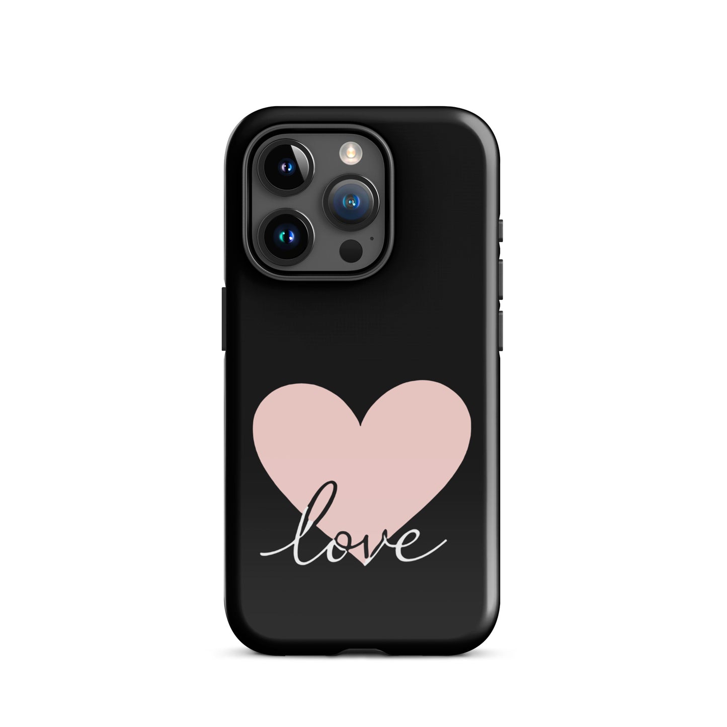 Phone Case for iPhone with heart and script love design on black background, minimalist and stylish protection accessory.