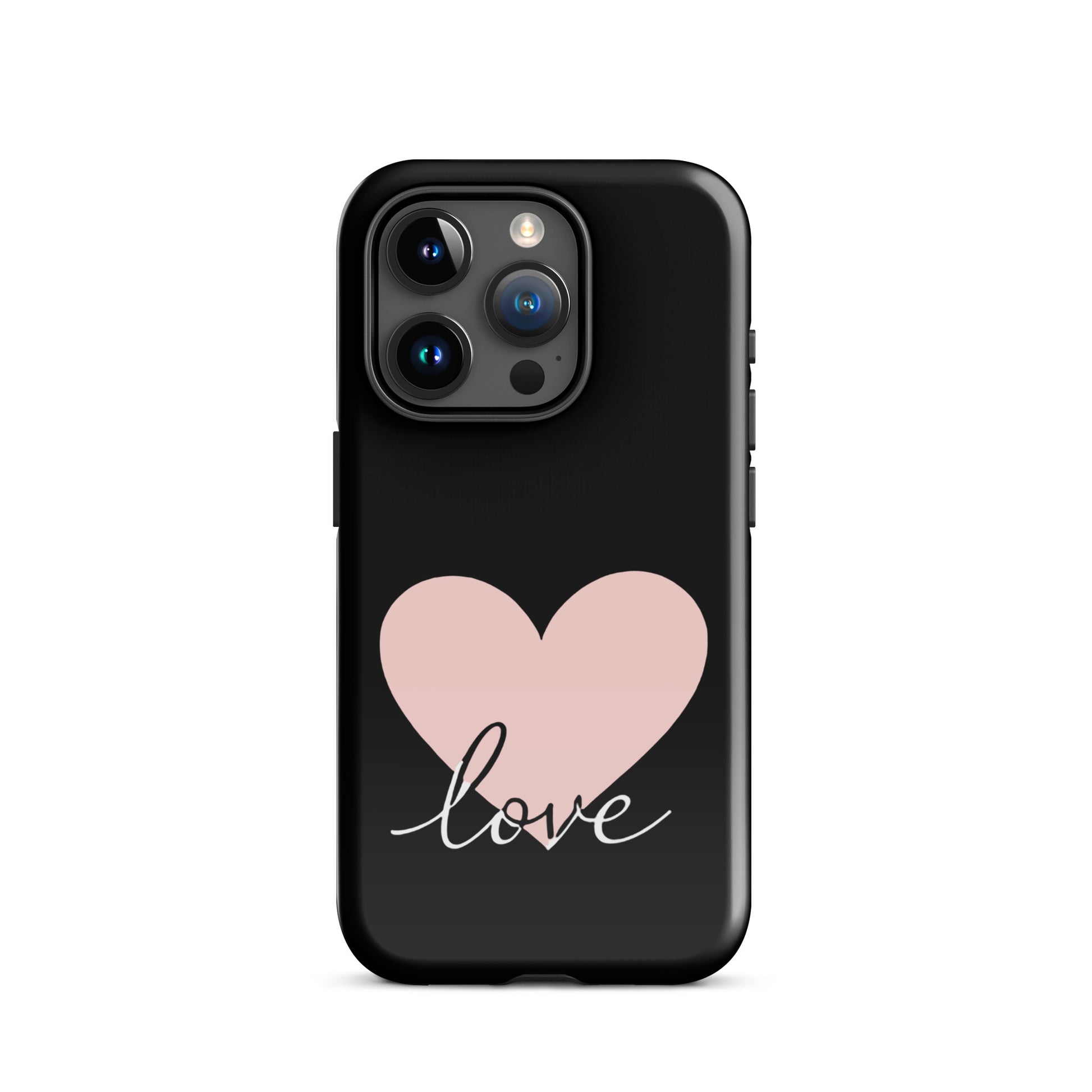 Phone Case for iPhone with heart and script love design on black background, minimalist and stylish protection accessory.