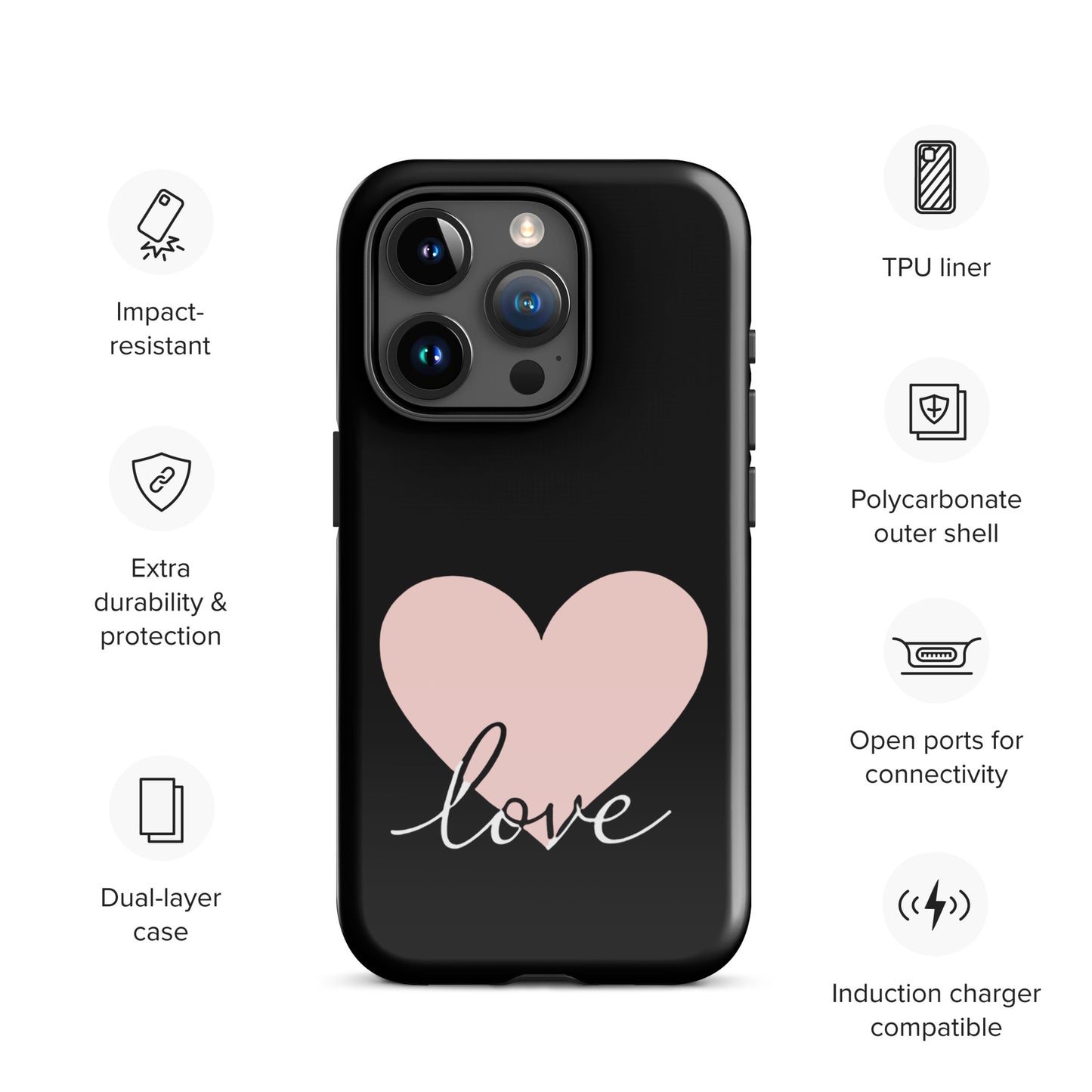 Phone Case for iPhone with heart and script love design, featuring impact-resistant dual-layer protection and induction charger compatibility.