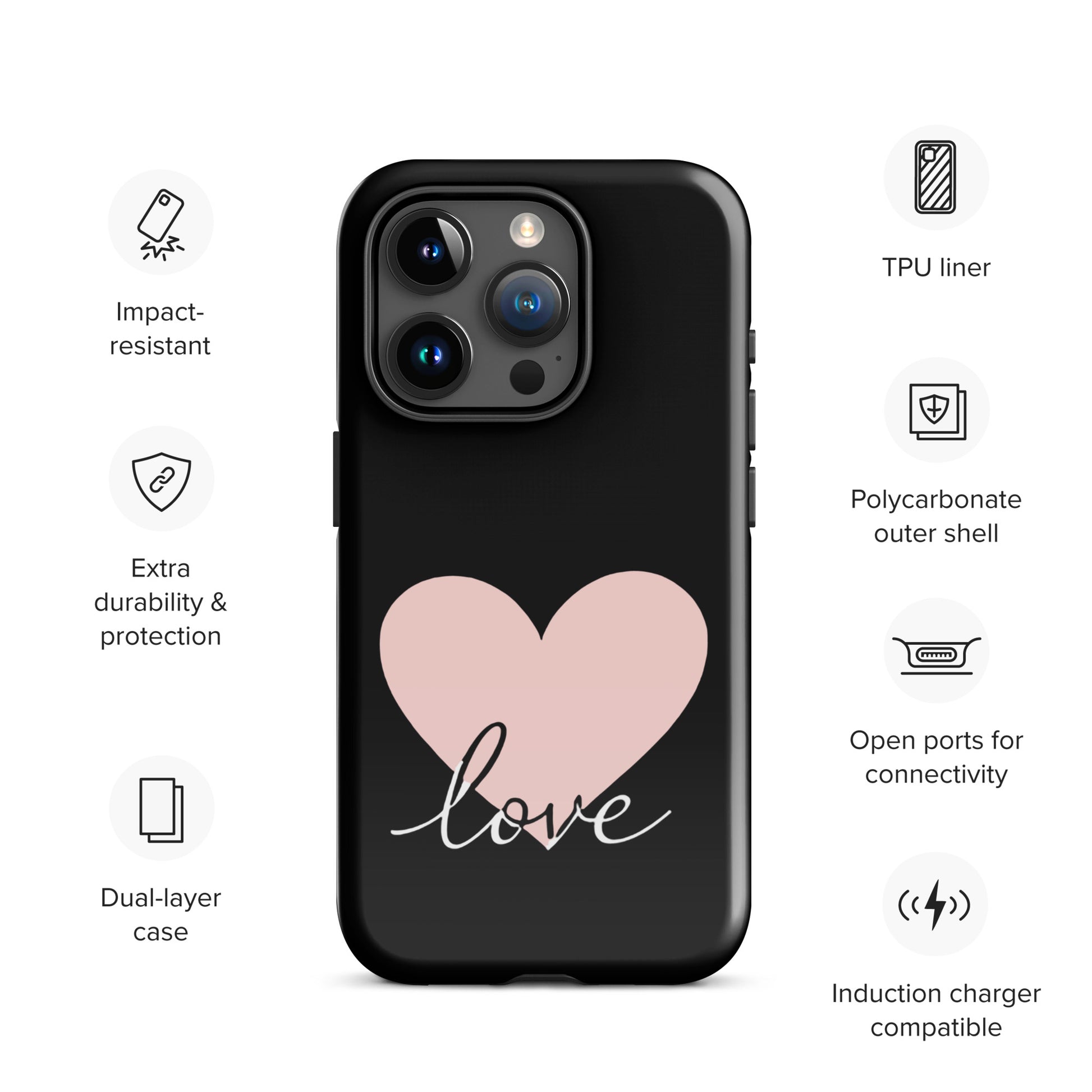 Phone Case for iPhone with heart and script love design, featuring impact-resistant dual-layer protection and induction charger compatibility.
