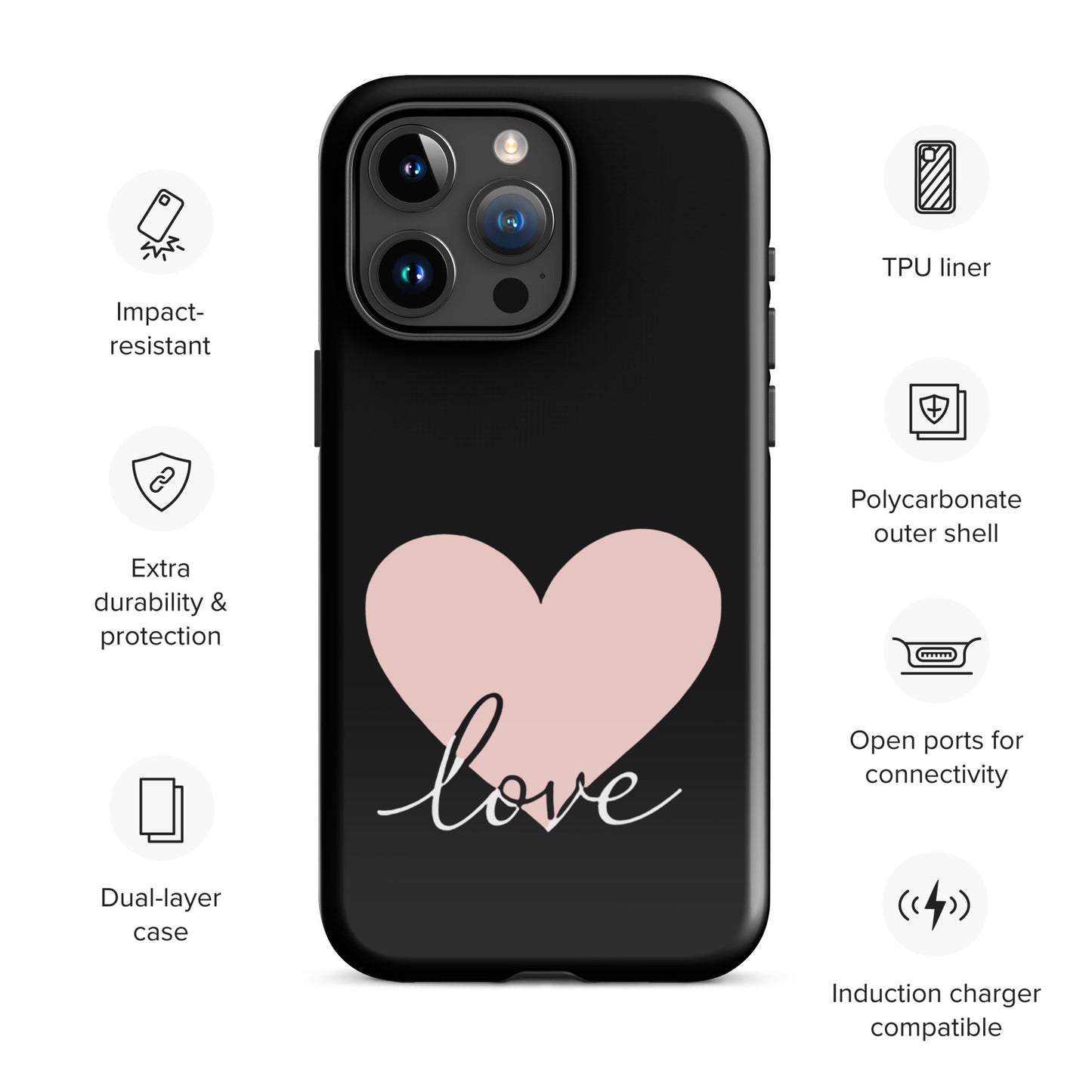 Phone Case for iPhone with heart and script 'love' design, featuring impact-resistant TPU liner and polycarbonate outer shell.