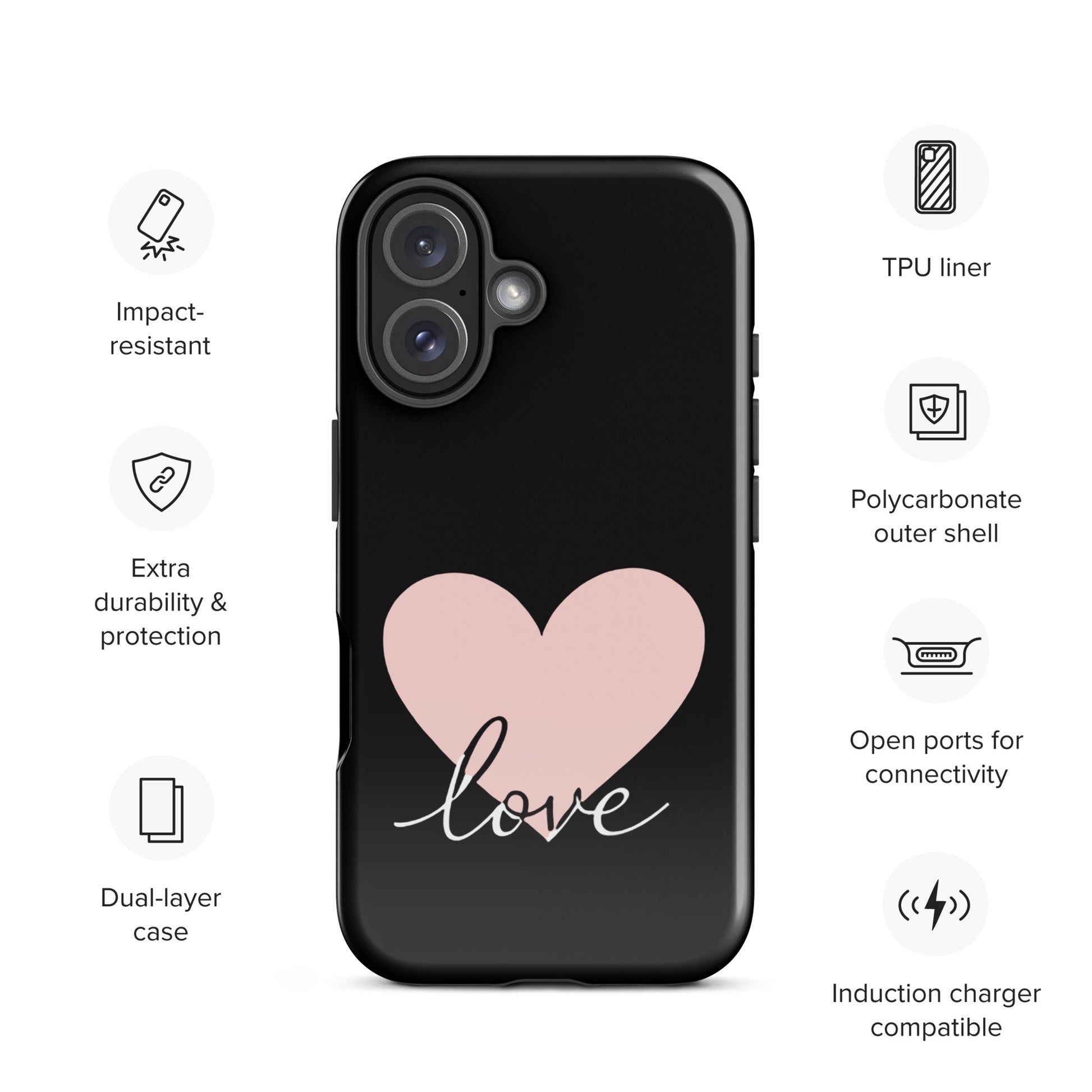 Phone Case for iPhone with heart and script love design, dual-layer protection, impact-resistant, TPU liner, induction charger compatible