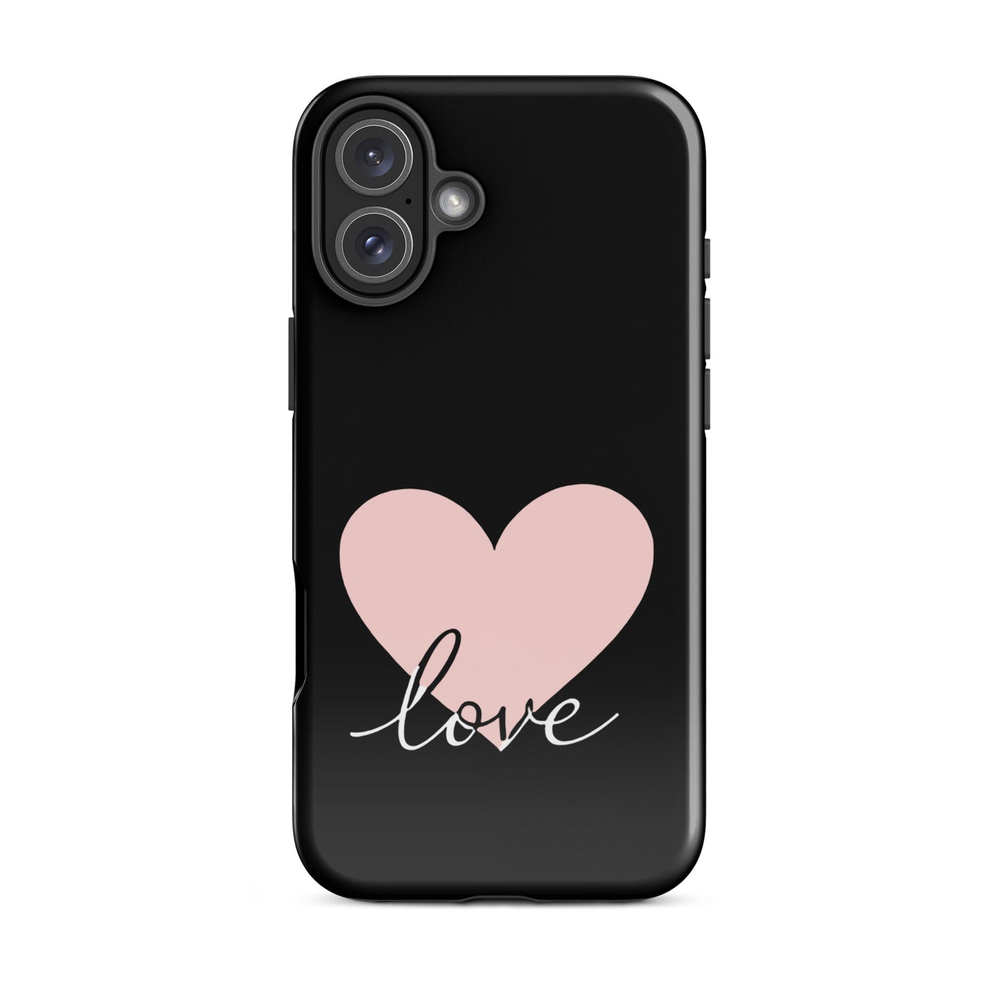 Phone Case for iPhone with heart and script love design, black case with pink heart and "love" script emphasizing romantic minimalist style.