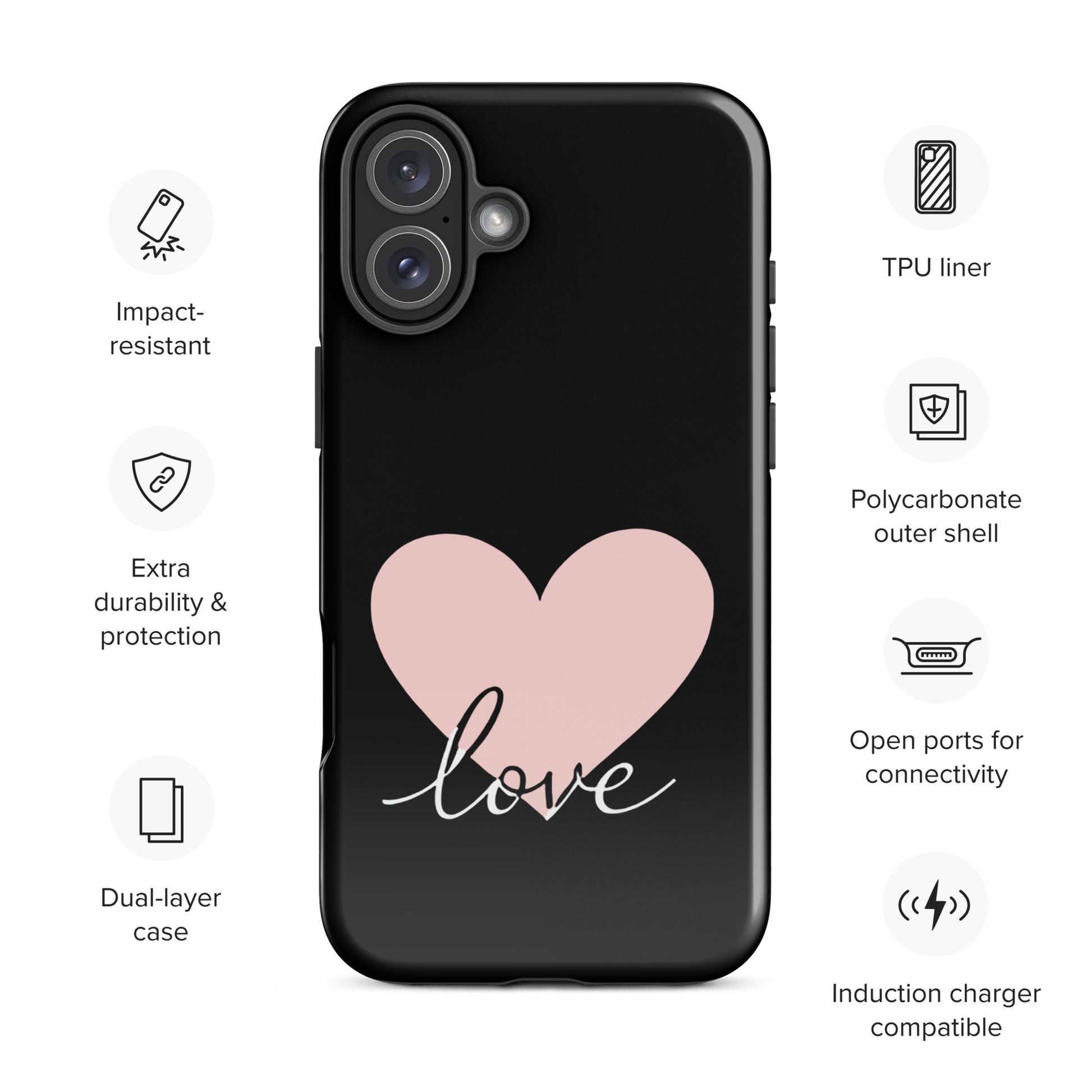 Phone Case for iPhone with heart and script Love design, stylish and protective with dual-layer and TPU liner features.