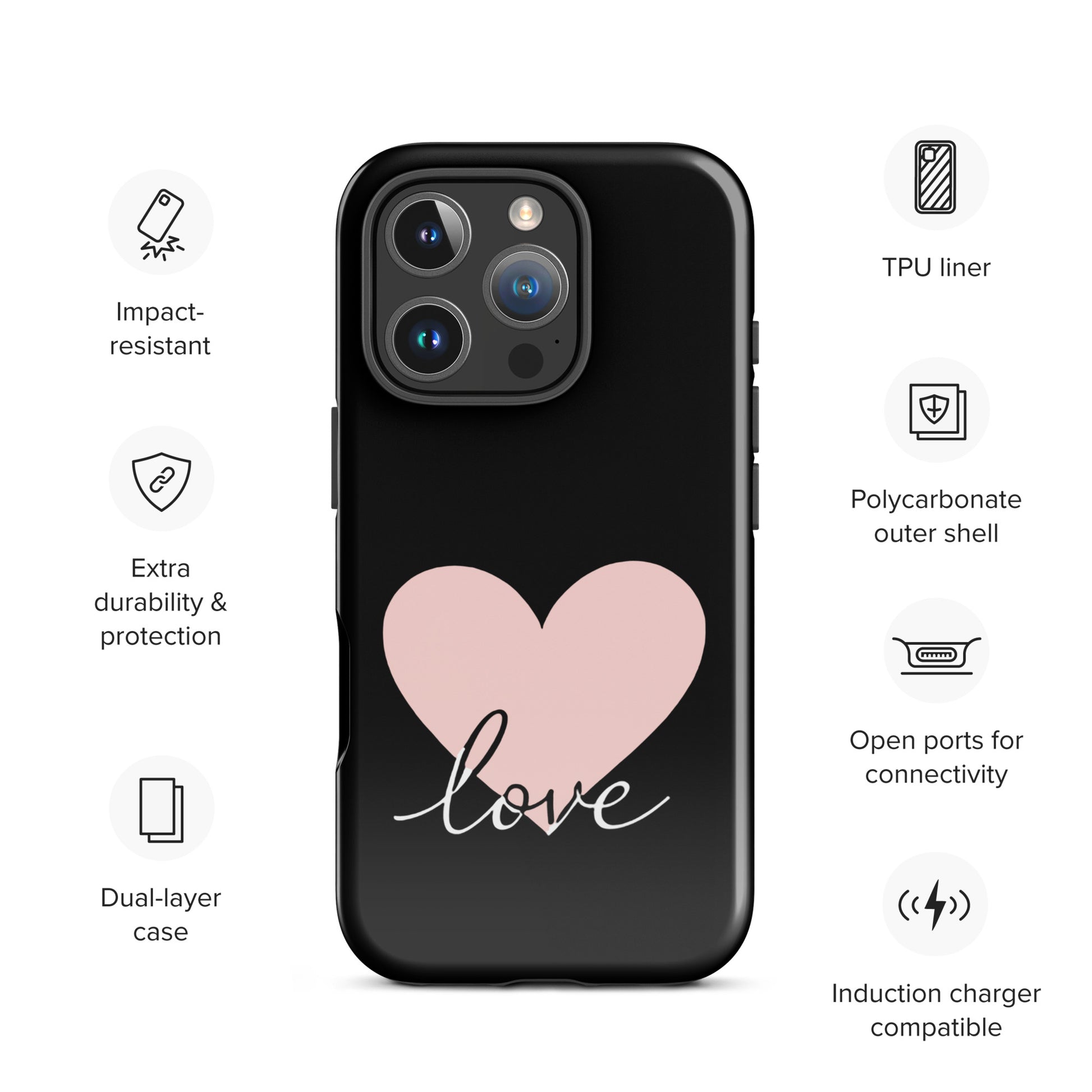 Phone Case for iPhone with heart and script love design featuring impact-resistant and durable protection, perfect for a stylish look.