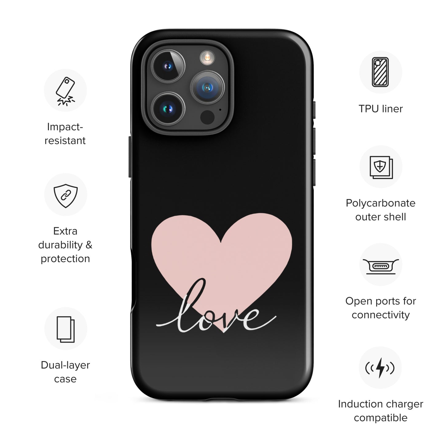 Phone Case for iPhone with heart design, featuring script 'love' and depicted with durability features and modern style.