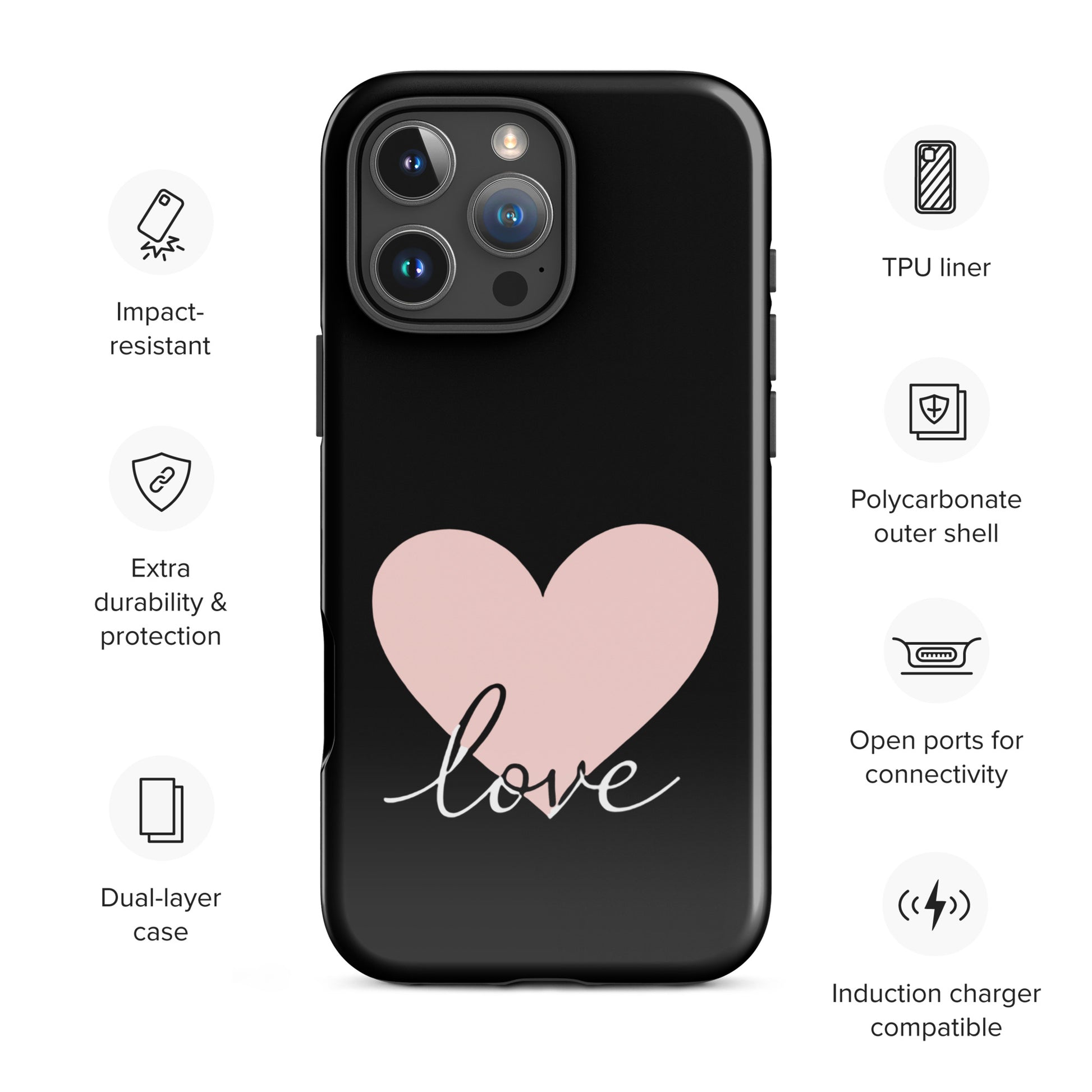 Phone Case for iPhone with heart design, featuring script 'love' and depicted with durability features and modern style.