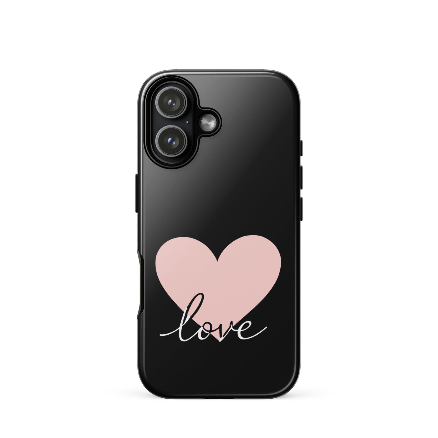 Phone Case for iPhone featuring a pink heart and script love design on a black background, perfect for adding a romantic touch to your device.