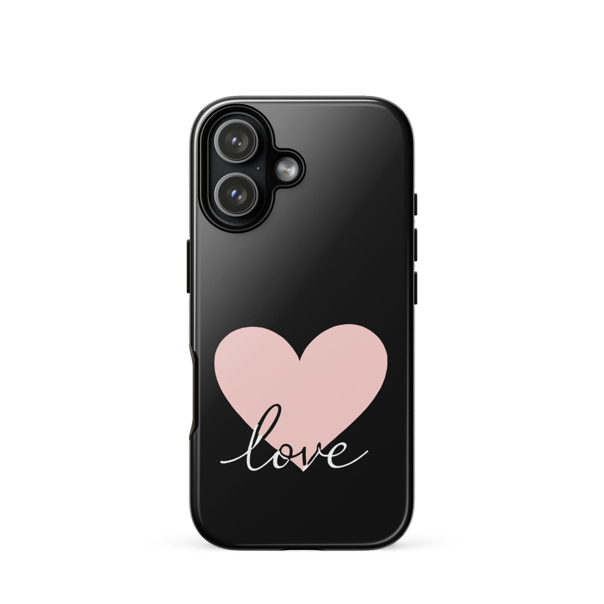 Phone Case for iPhone featuring a pink heart and script love design on a black background, perfect for adding a romantic touch to your device.