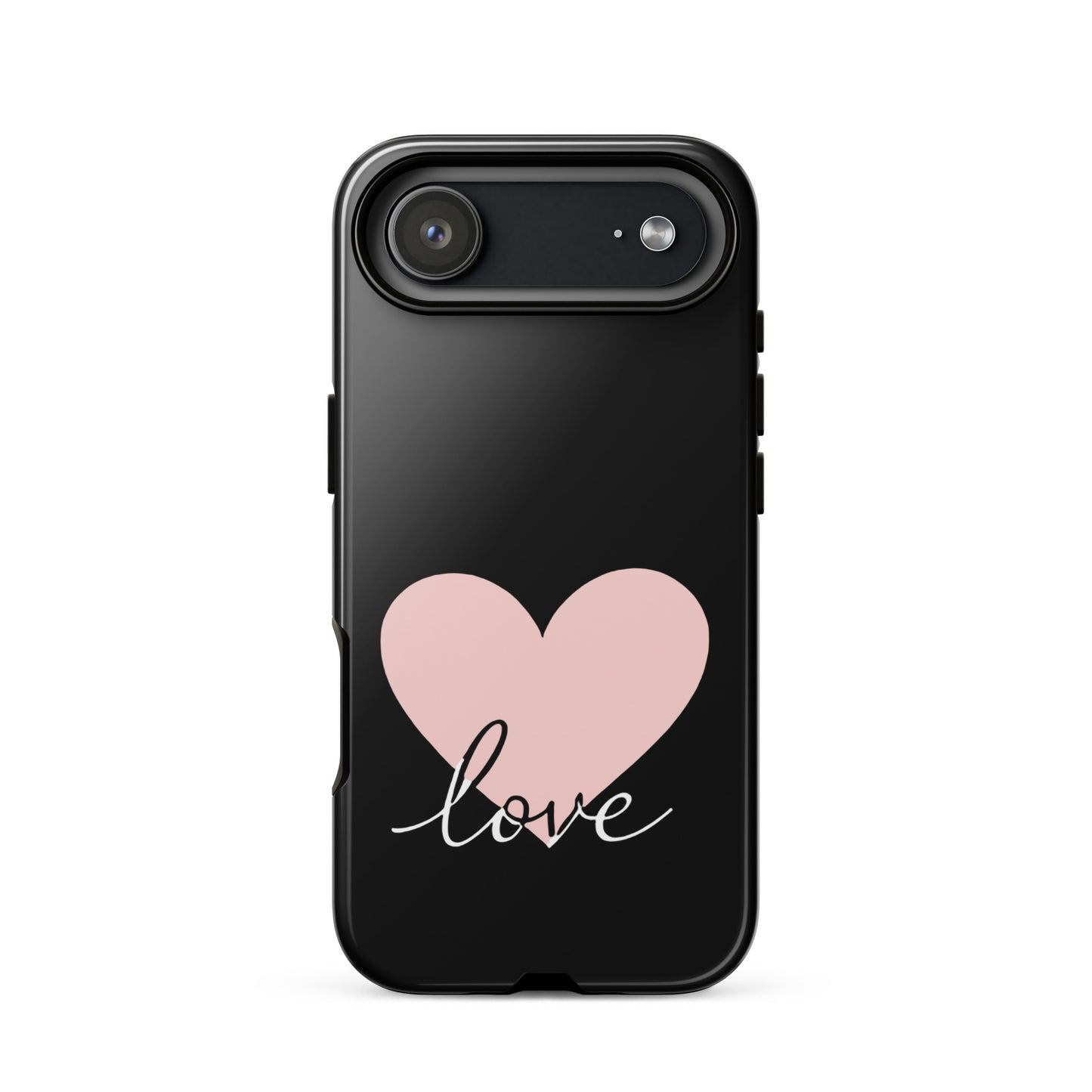 Phone Case for iPhone with pink heart and script love design on black background