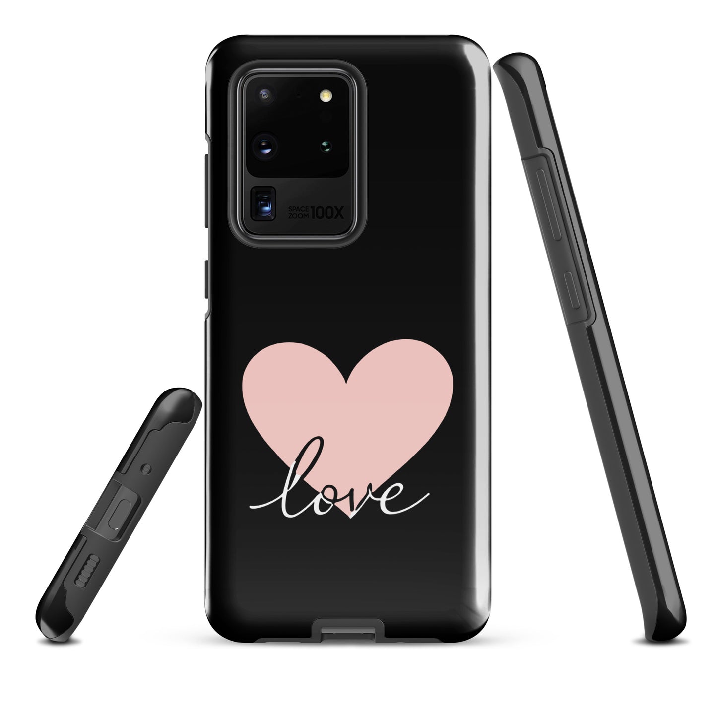 Phone Case Samsung Galaxy with heart and script love design, featuring minimalist aesthetic and protective qualities.