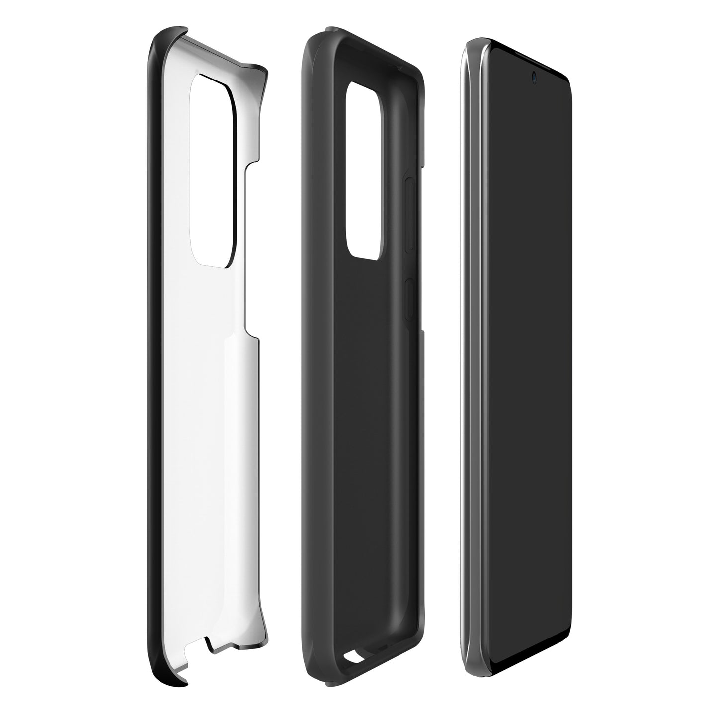 Phone Case for Samsung Galaxy with Heart & Script Love Design, showing three side views, highlighting durability and style.