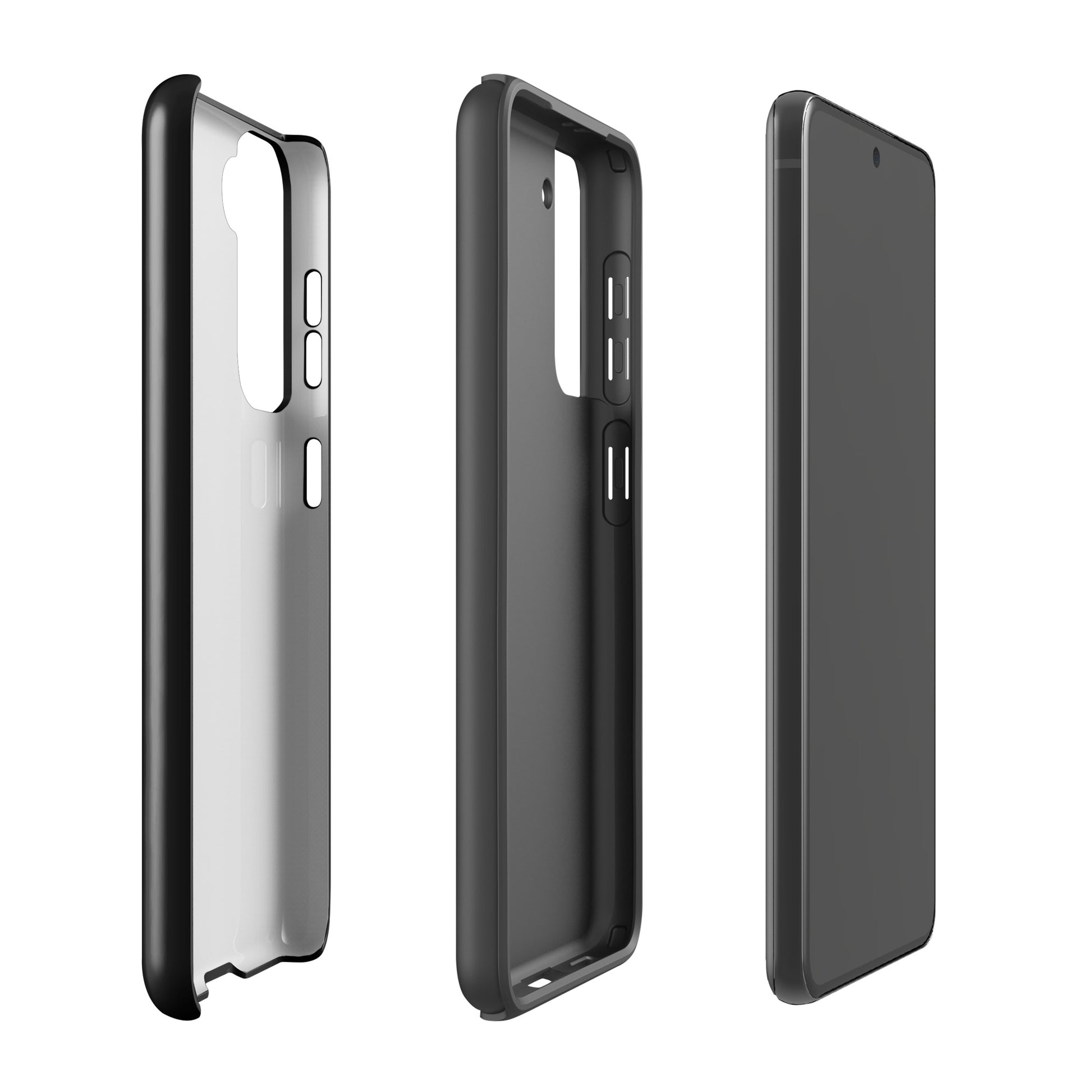 Phone Case for Samsung Galaxy with heart and script 'love' design, showing three different angles for stylish protection.