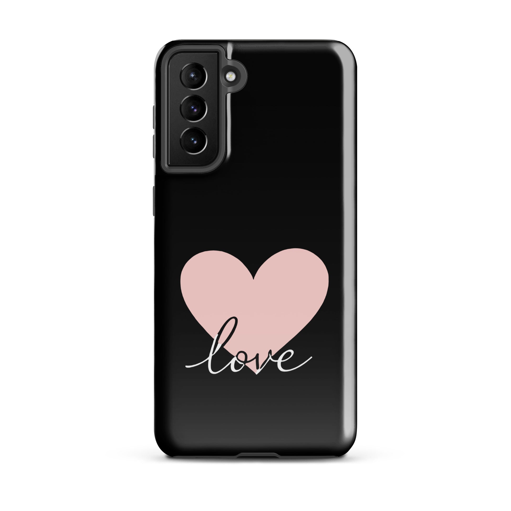 Phone Case for Samsung Galaxy with heart and script 'love' design, minimalist style, romantic protection, stylish modern accessory.