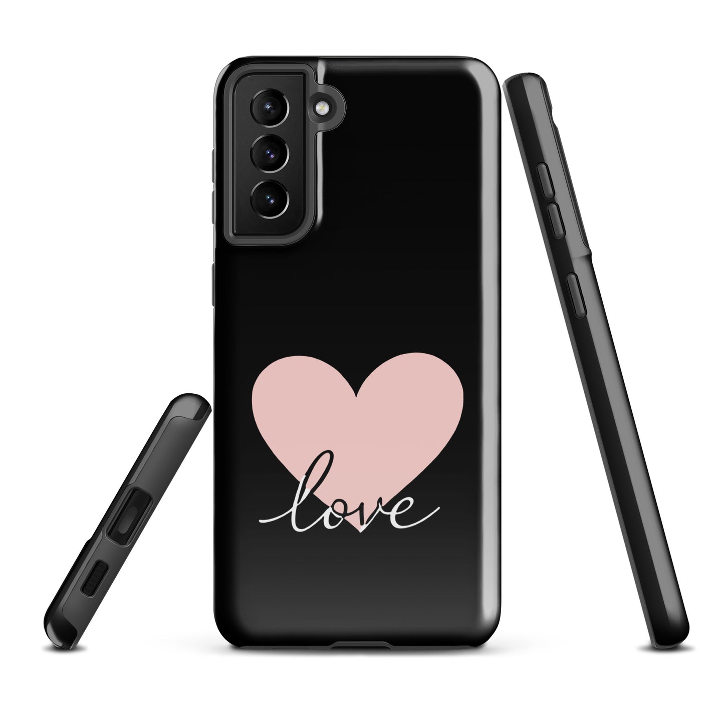Phone Case Samsung Galaxy with heart and script love design, minimalist black cover offering style and protection.