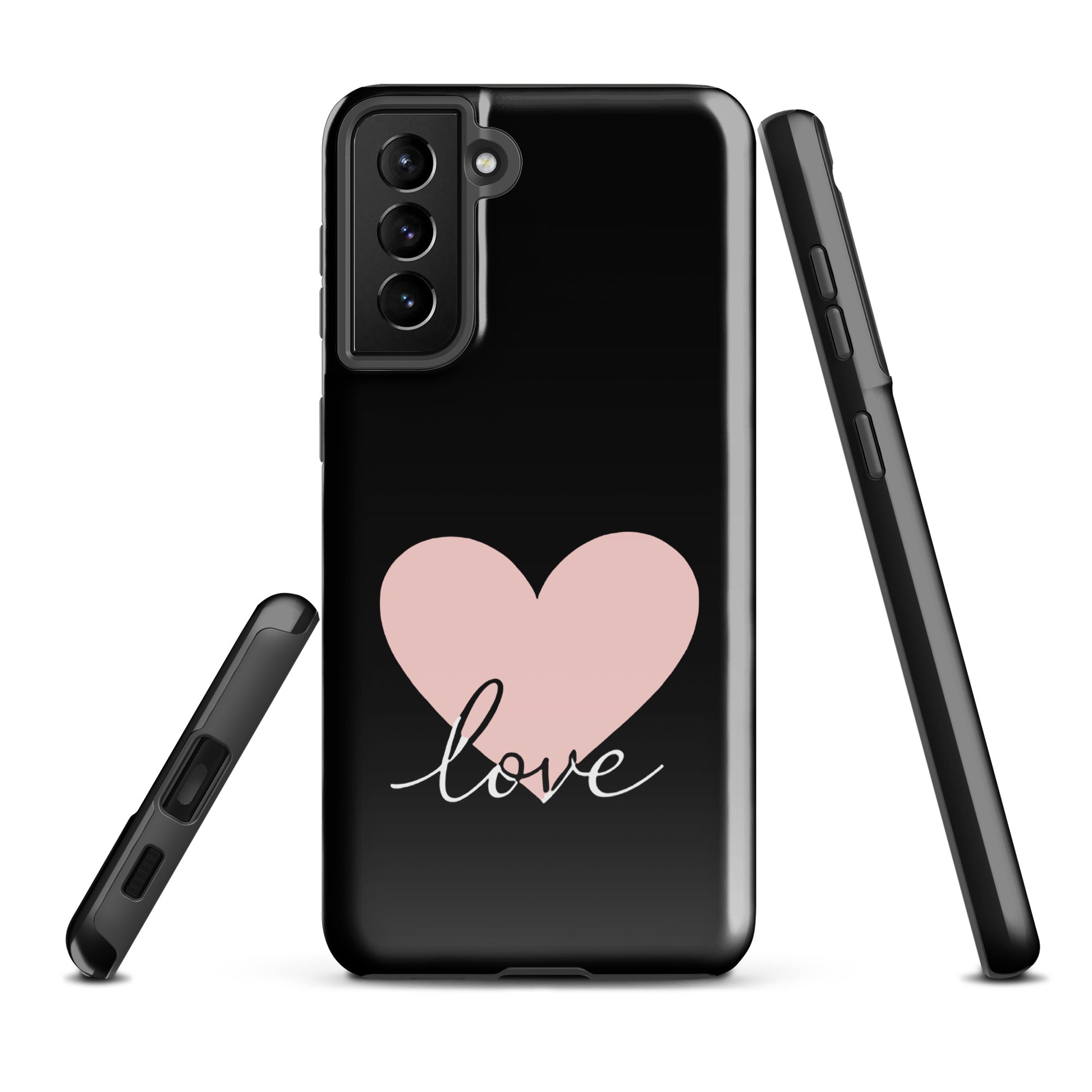 Phone Case Samsung Galaxy with heart and script love design, minimalist black cover offering style and protection.