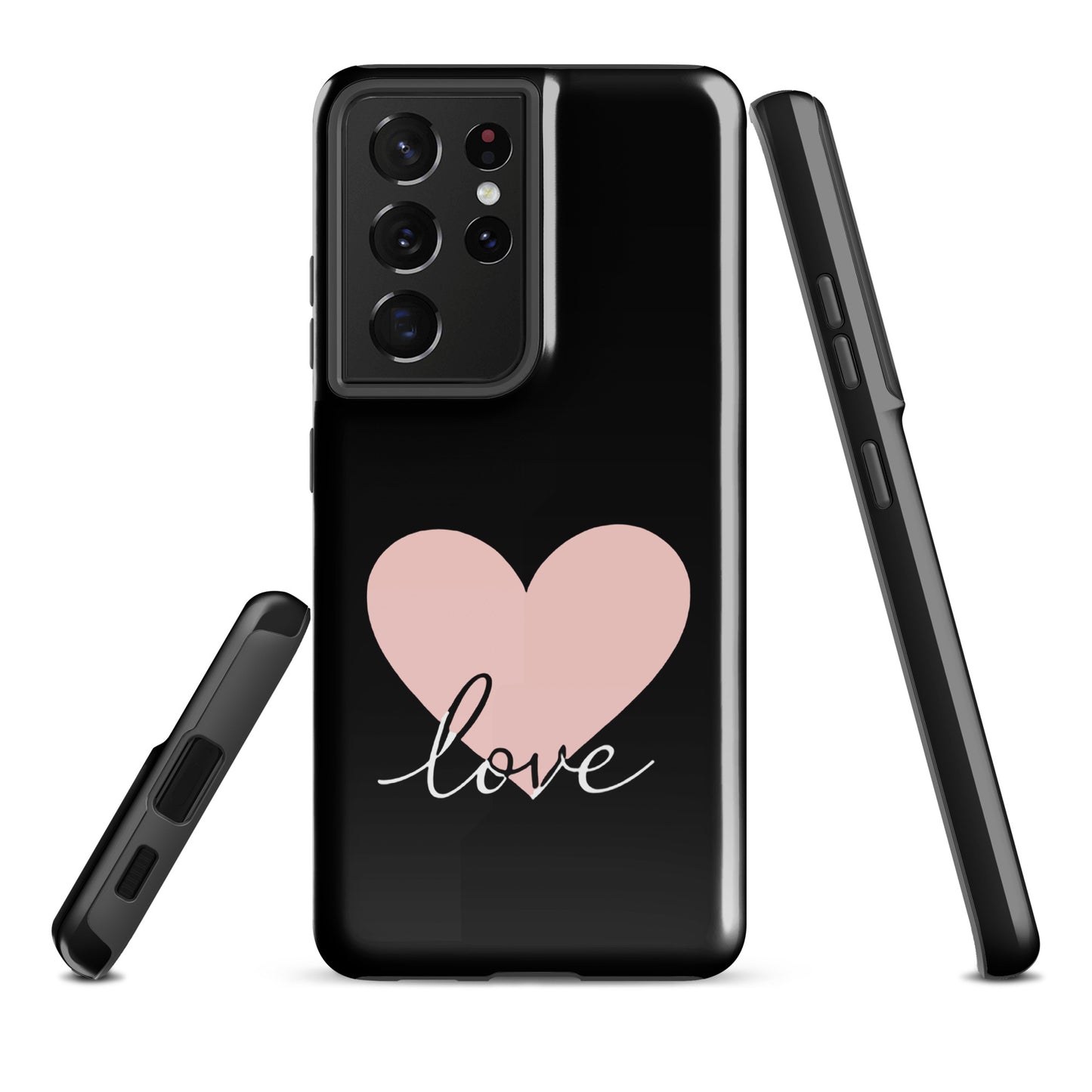 Phone Case Samsung Galaxy with heart and script love design on black background