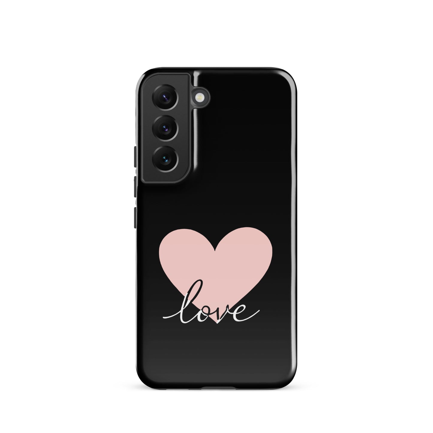 Phone Case Samsung Galaxy with heart and script love design, minimalist charm, black case with pink heart and love script.