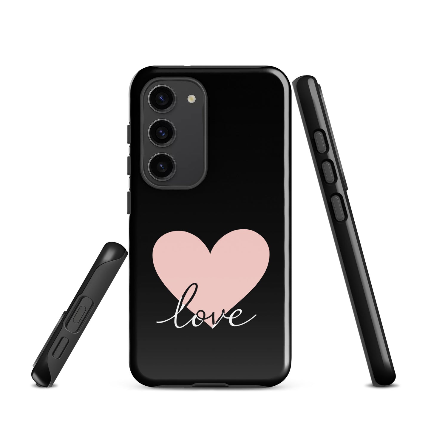 Phone Case Samsung Galaxy with pink heart and script "love" design, offering stylish protection.