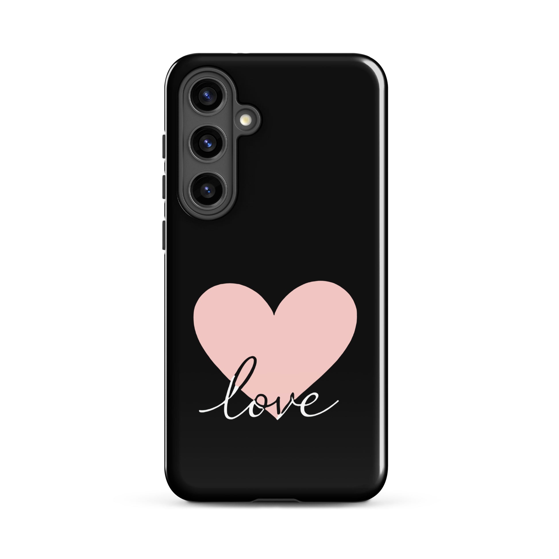 Phone Case Samsung Galaxy with pink heart and love script design on black background