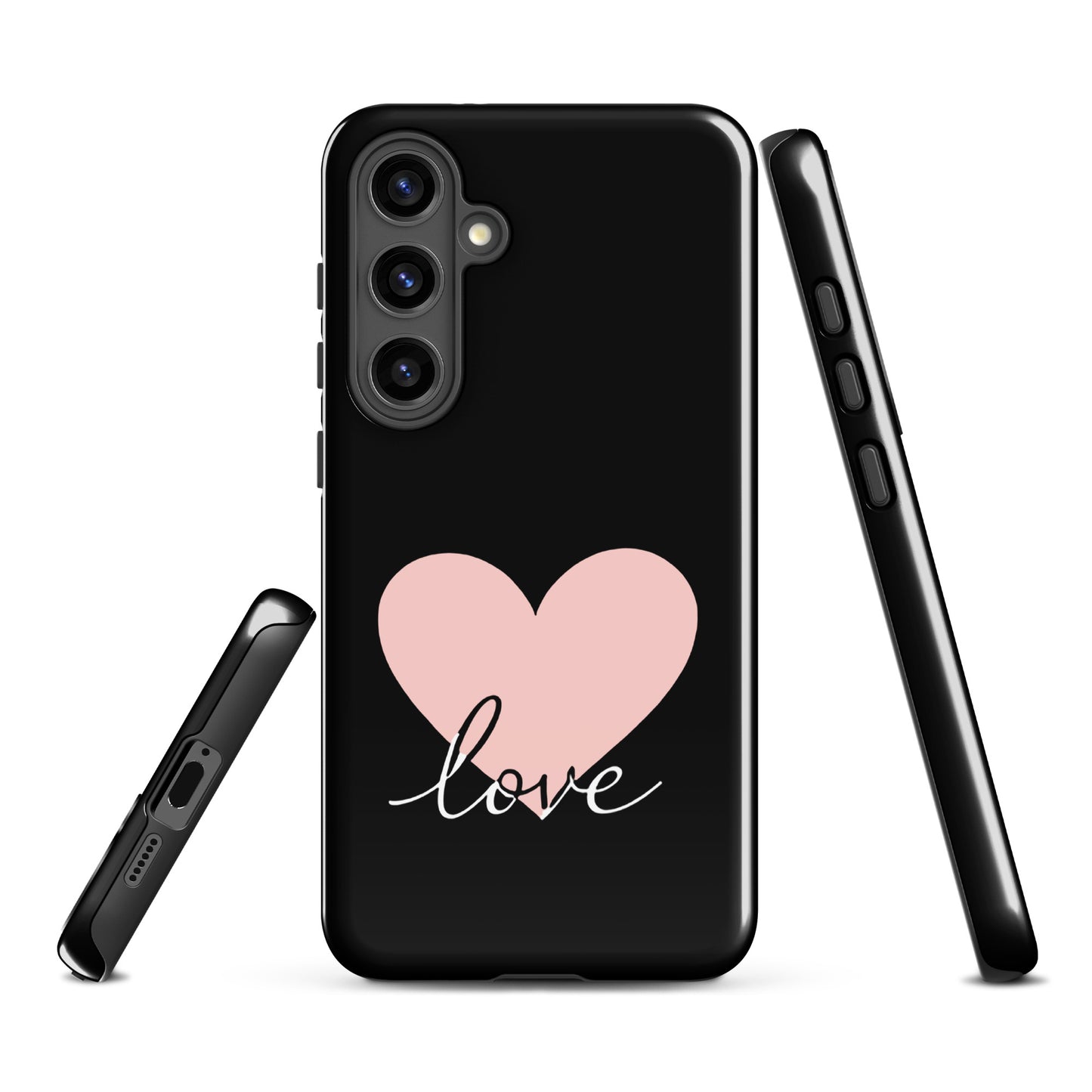 Phone Case Samsung Galaxy with pink heart and script 'love' design, minimalist and romantic style, offers protection and charm.