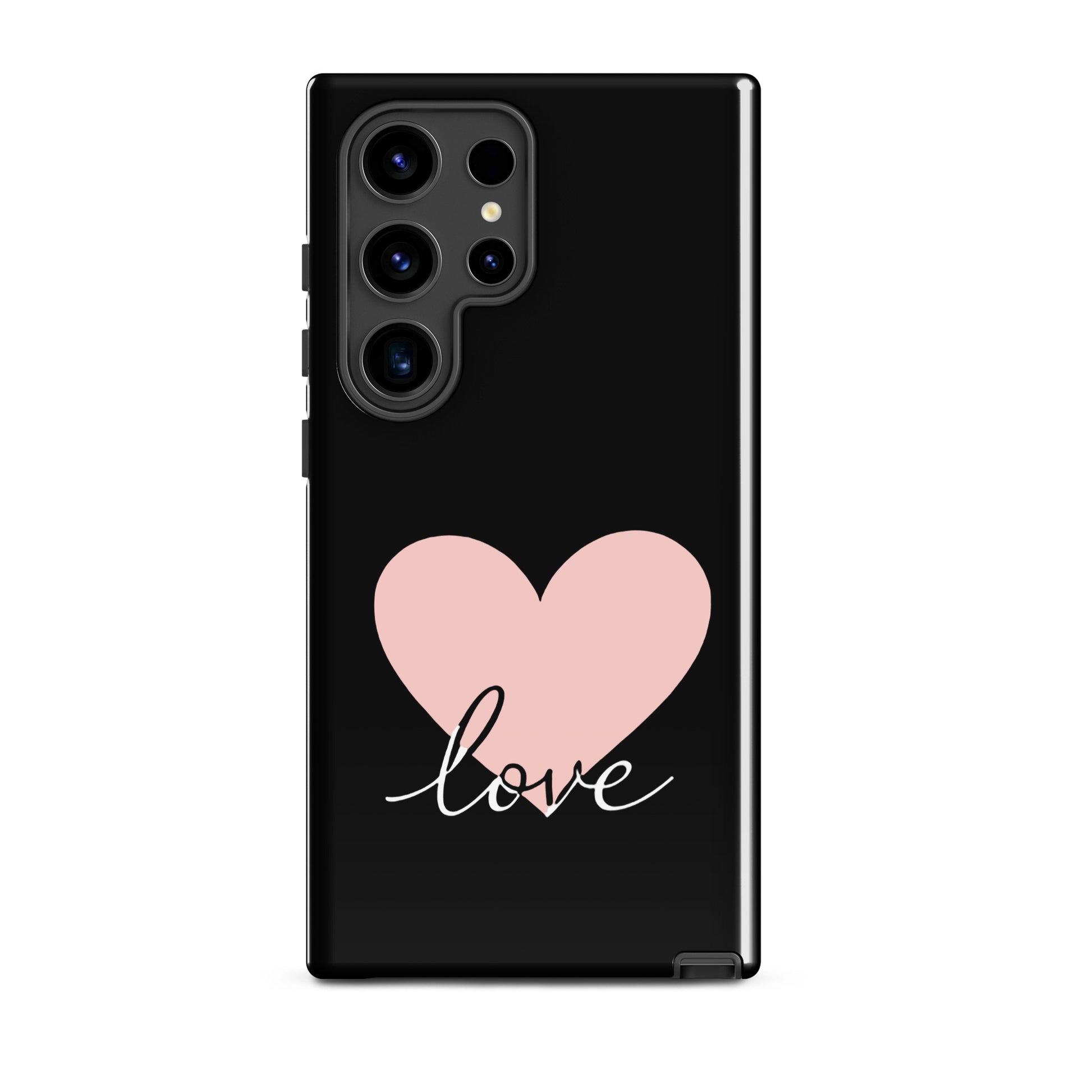 Phone Case Samsung Galaxy with heart and script 'love' design in black and pink, perfect for stylish protection and a modern romantic touch.