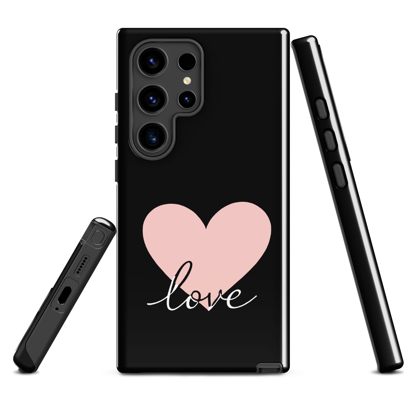 Phone Case for Samsung Galaxy with heart and script love design, black and pink, minimalist, romantic style