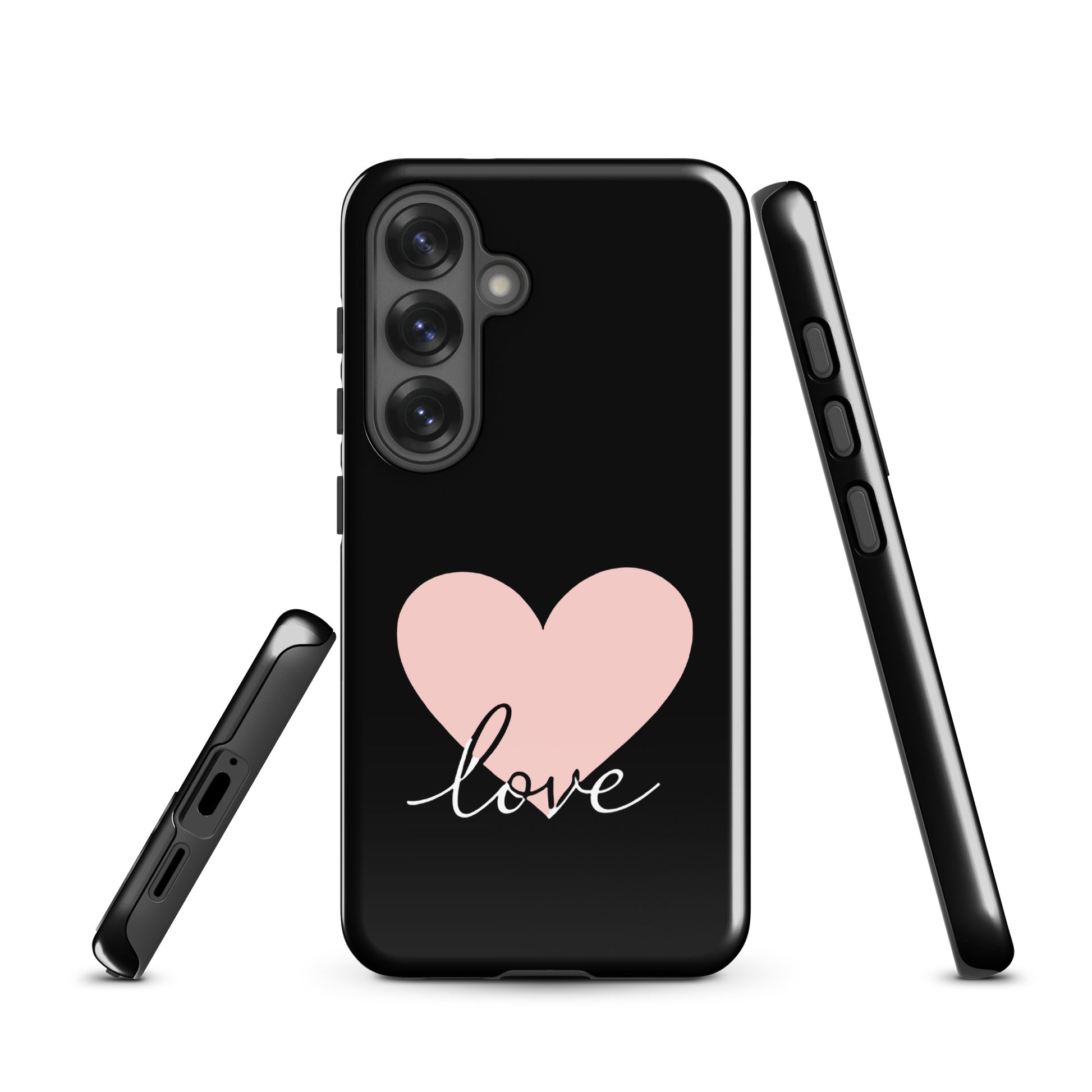 Phone Case for Samsung Galaxy featuring a heart and script love design, minimalist and romantic style.