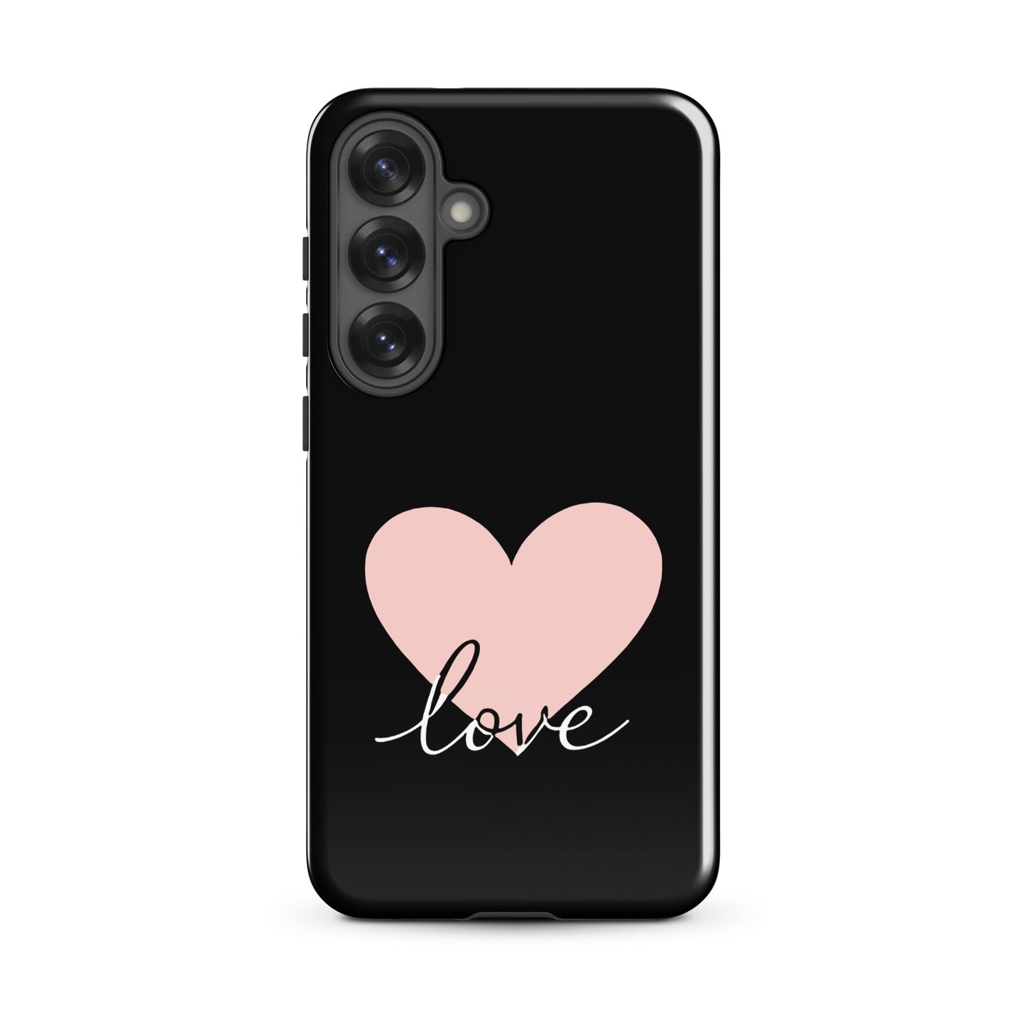 Phone Case for Samsung Galaxy with pink heart and script 'love' design, minimalist style.