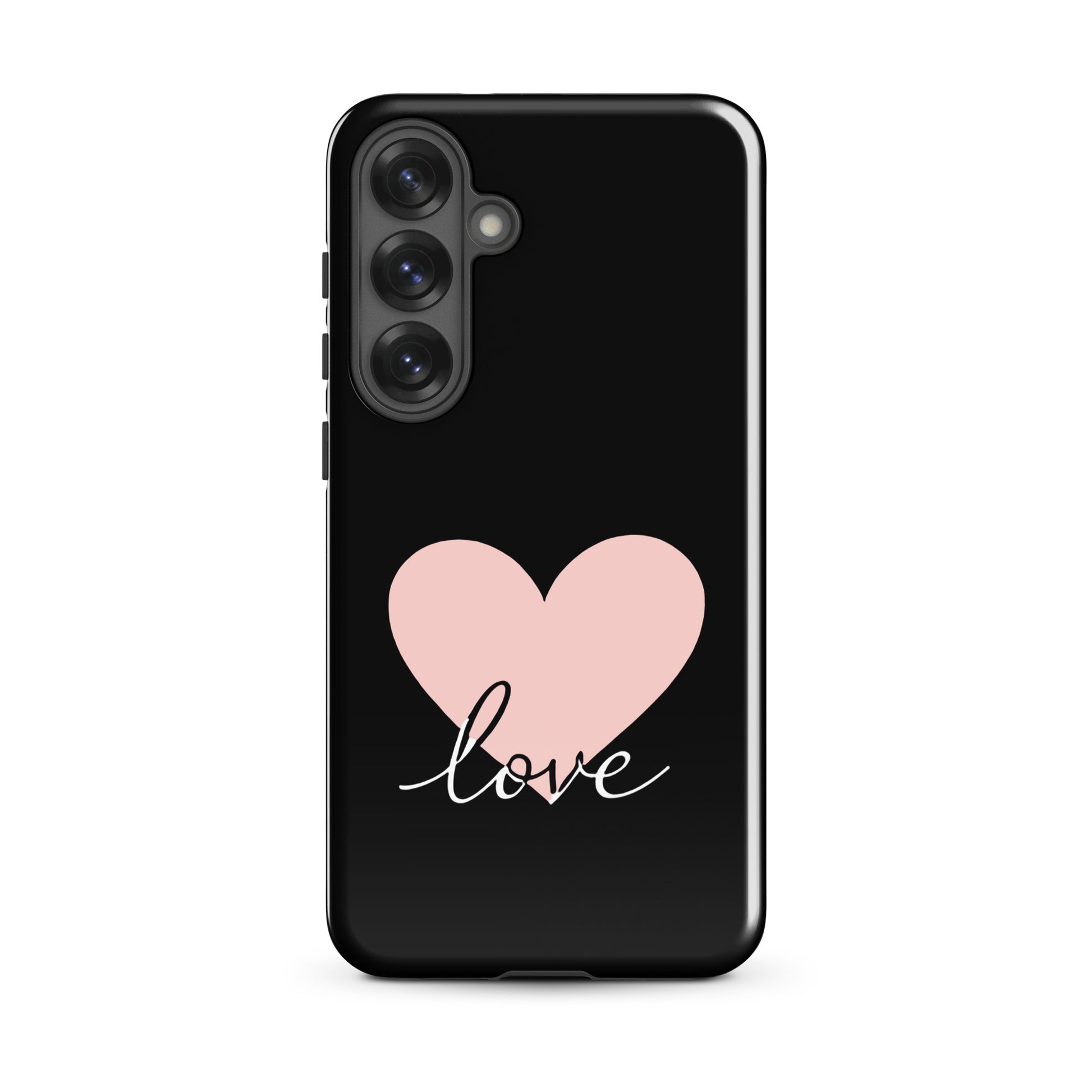 Phone Case for Samsung Galaxy with pink heart and script 'love' design, minimalist style.