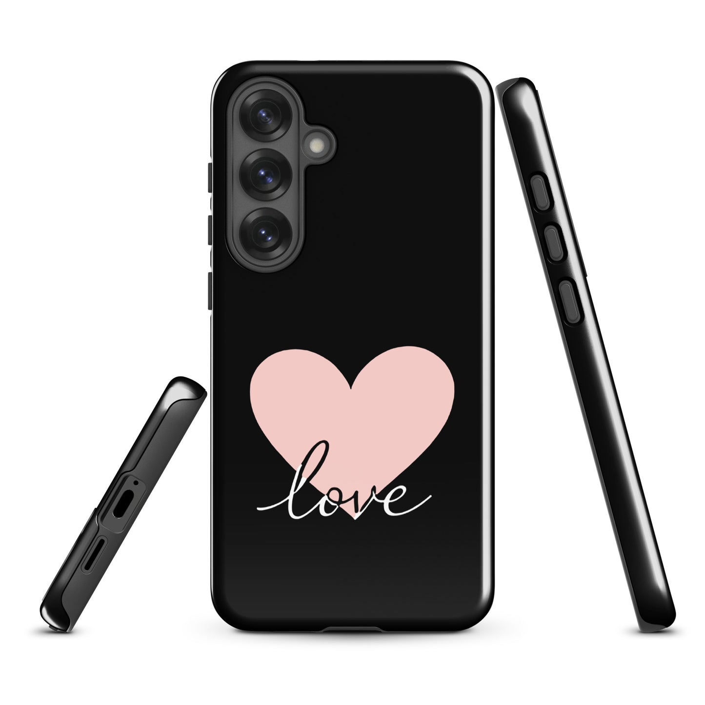 Phone Case Samsung Galaxy with heart and script love design in black showing side and back view