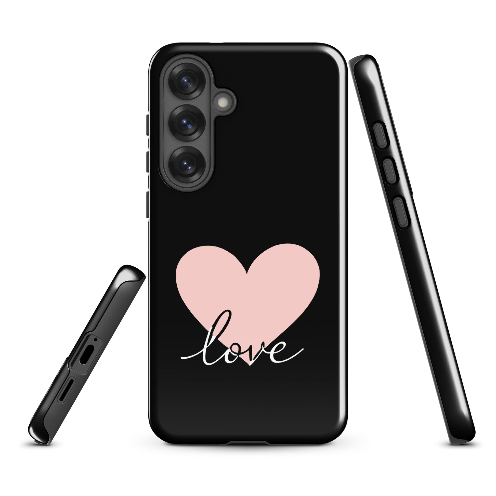 Phone Case Samsung Galaxy with heart and script love design in black showing side and back view