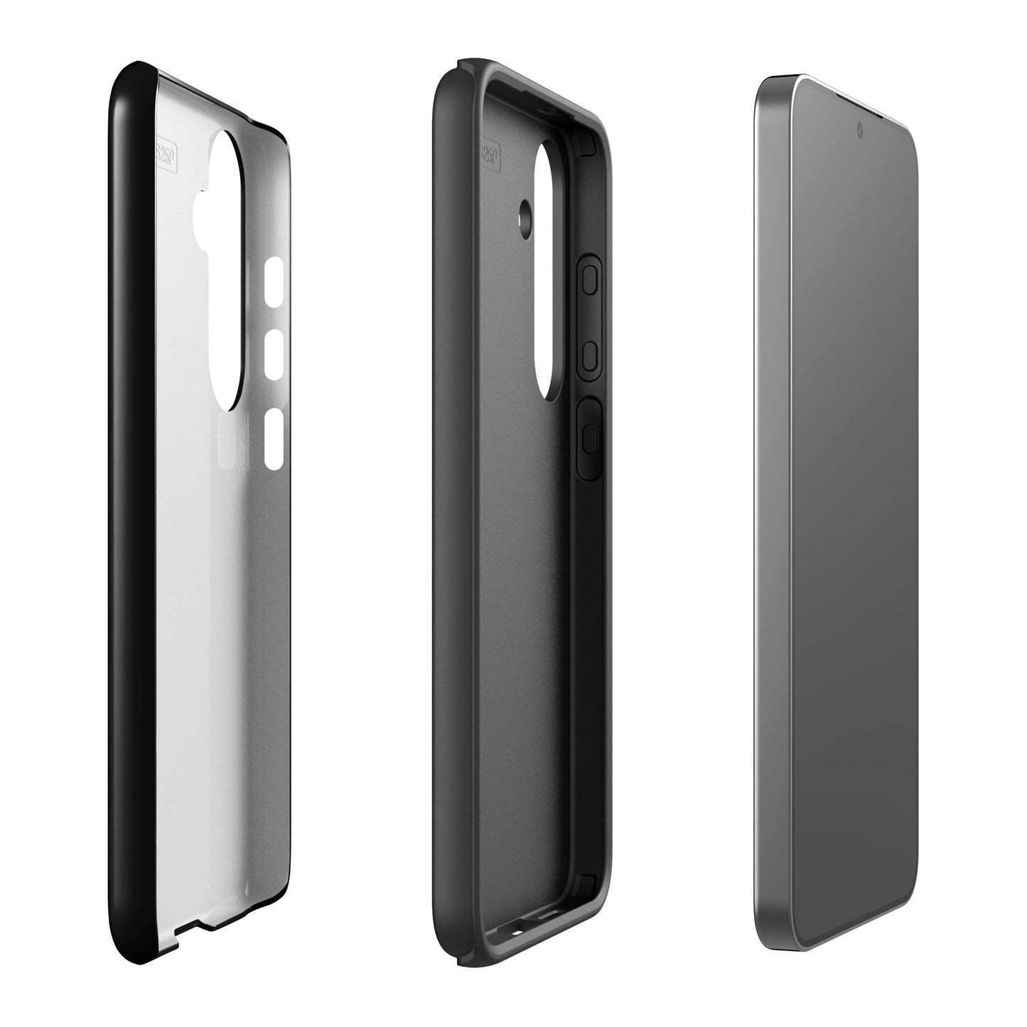 Side and back views of Phone Case for Samsung Galaxy with Heart & Script Love Design, showcasing sleek protection and minimalist charm.
