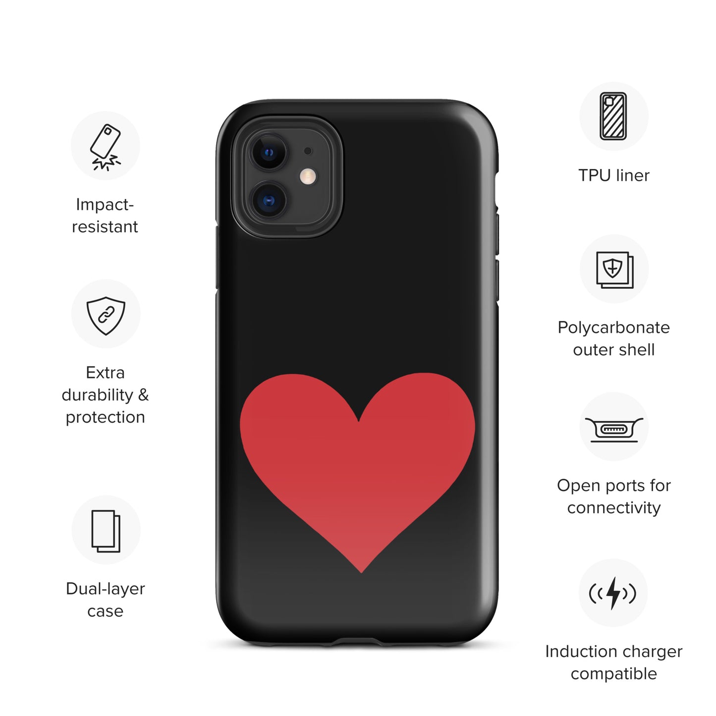Heart design phone case for iPhone with colorful options, featuring impact resistance and durability while showcasing a bold love-themed style.