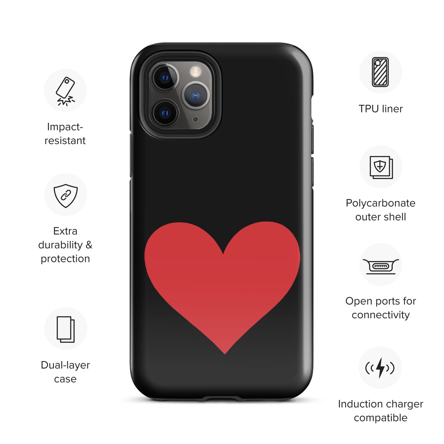 Phone Case for iPhone with vibrant heart design, showcasing dual-layer durability and polycarbonate shell for stylish protection.