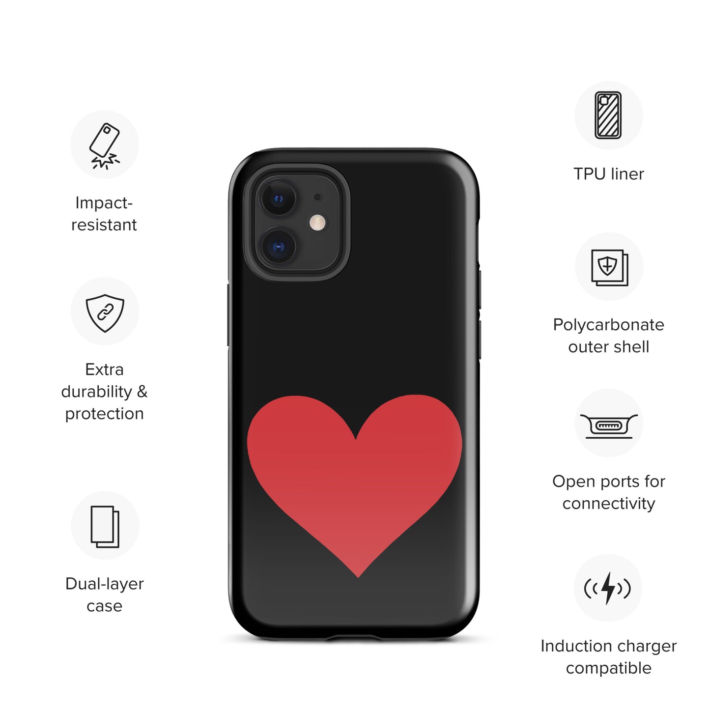 Phone Case with black background featuring a red heart design for iPhone, offering stylish protection with polycarbonate shell and TPU liner.