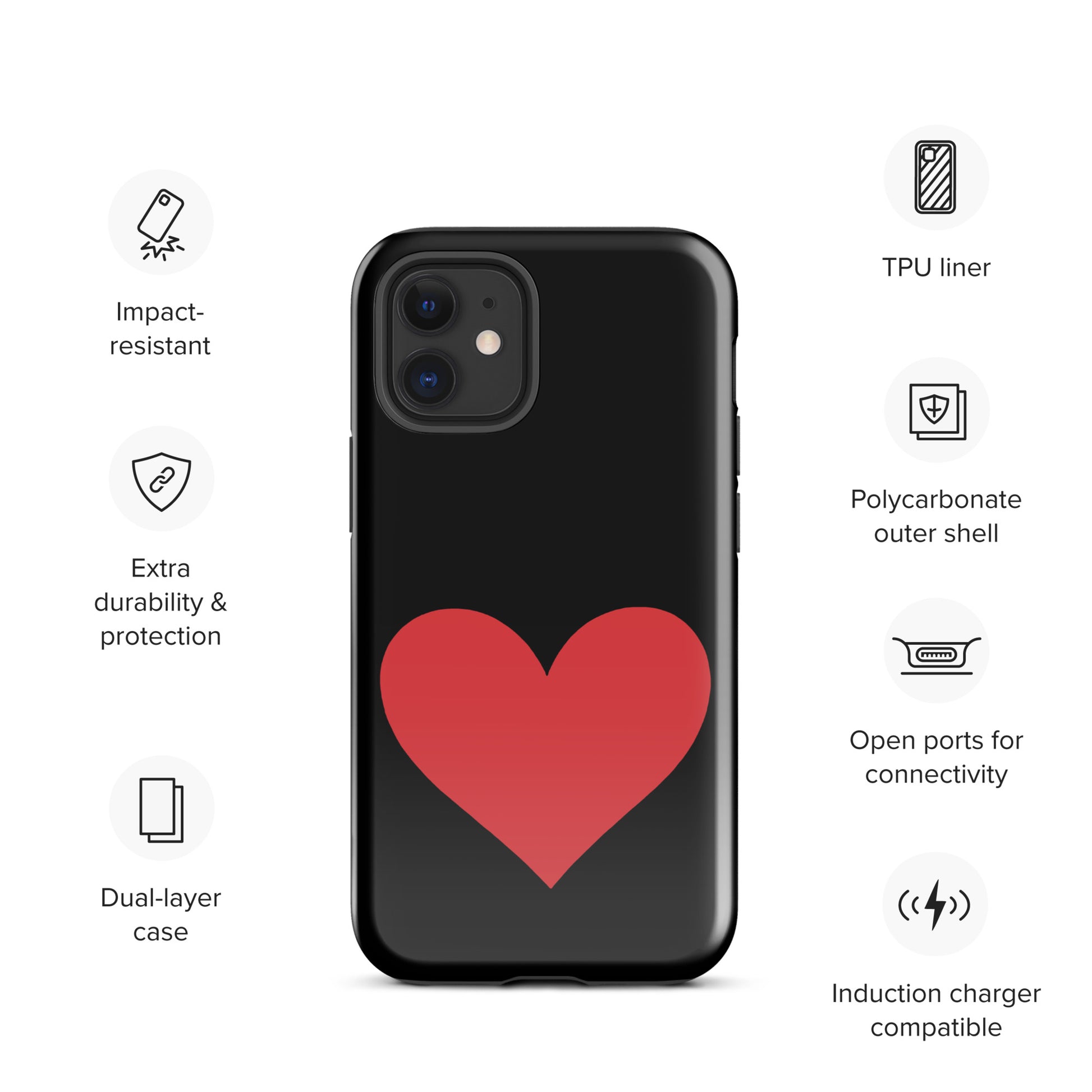Phone Case with black background featuring a red heart design for iPhone, offering stylish protection with polycarbonate shell and TPU liner.