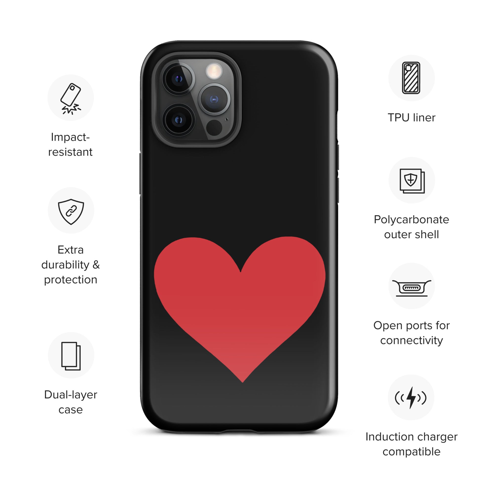 Phone Case with vibrant heart design, emphasizing durability and style, compatible with iPhone. Perfect for protection and expression.