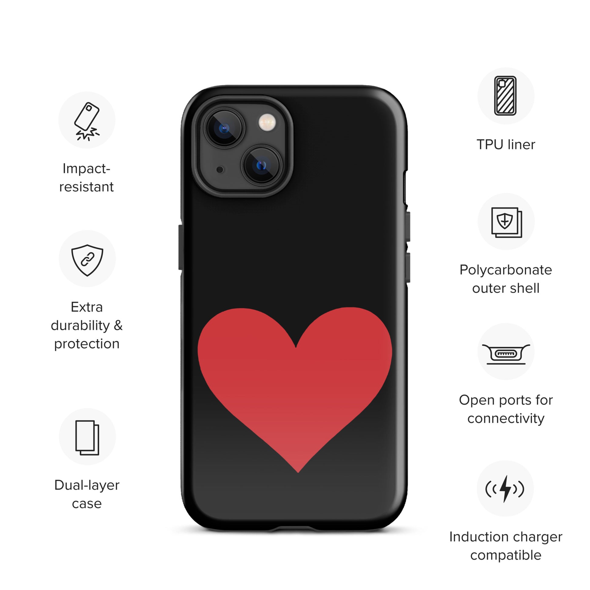 Phone Case for iPhone with heart design, impact-resistant and durable, available in vibrant color options.