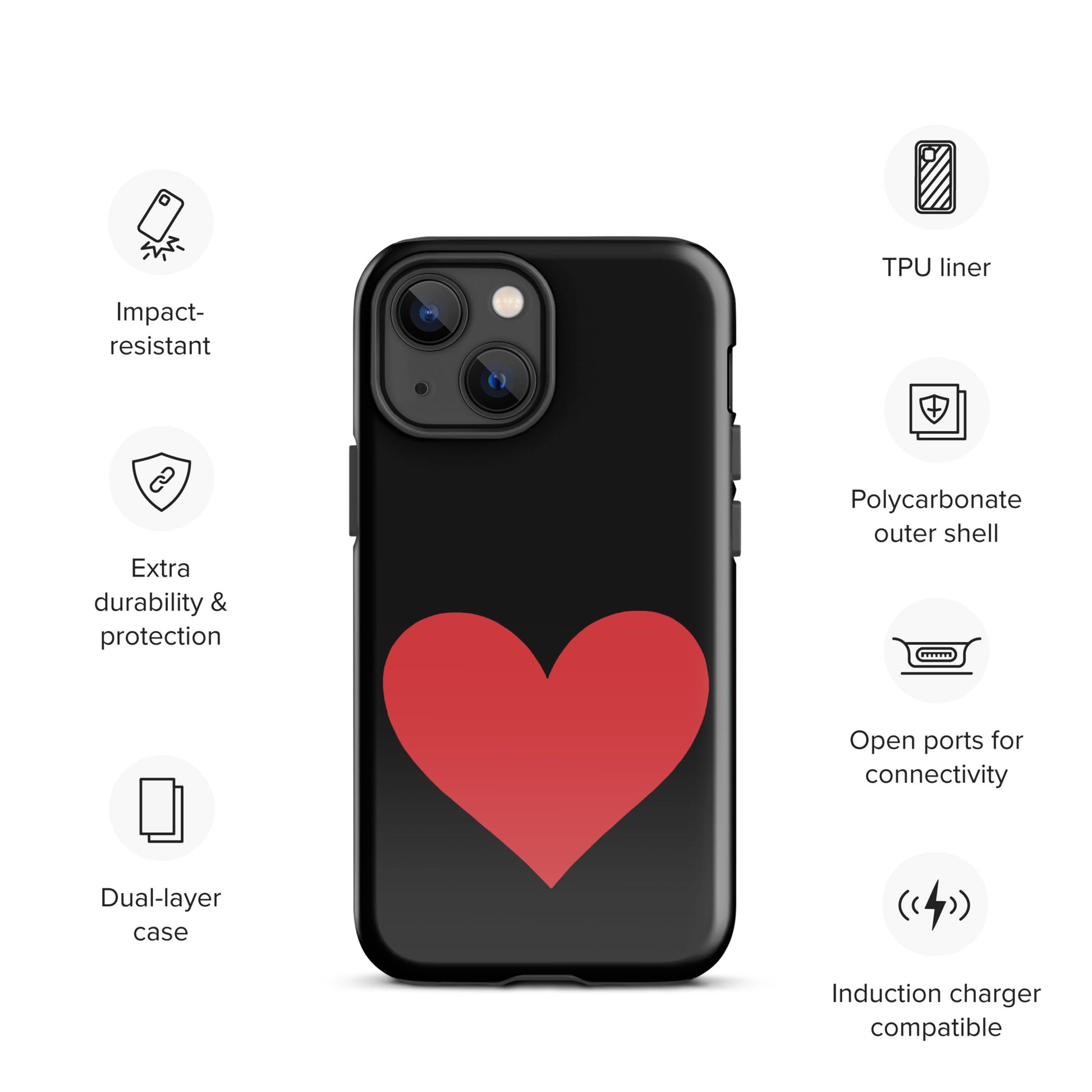 Phone Case for iPhone with heart design in vibrant colors, durable and protective, featuring a dual-layer and polycarbonate outer shell.
